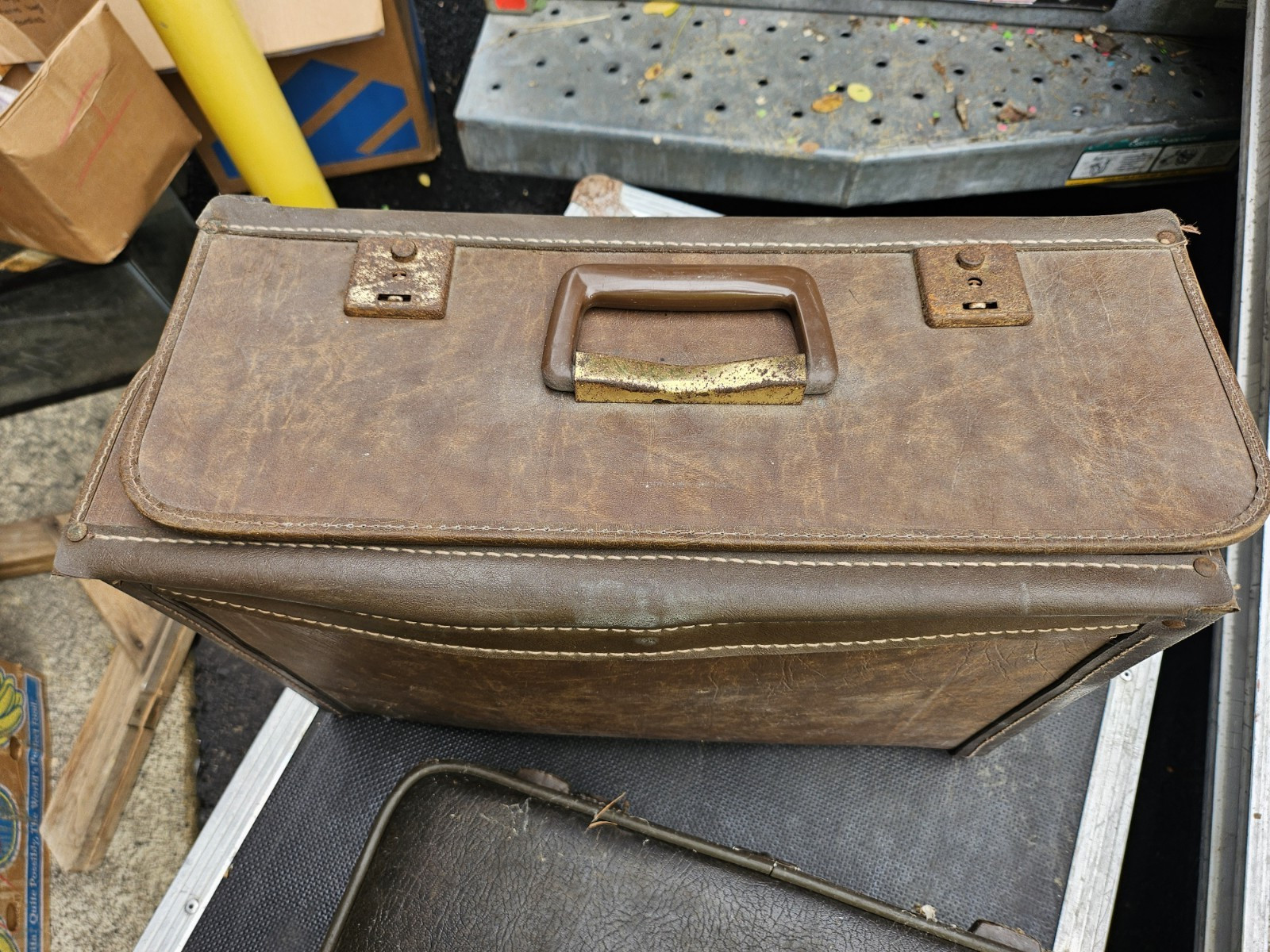1960s True Vintage Brown Faux Leather Hard Suitcase w/ Extra Compartments 1960s True Vintage Brown Faux Leather Hard Suitcase w/ Extra Compartments