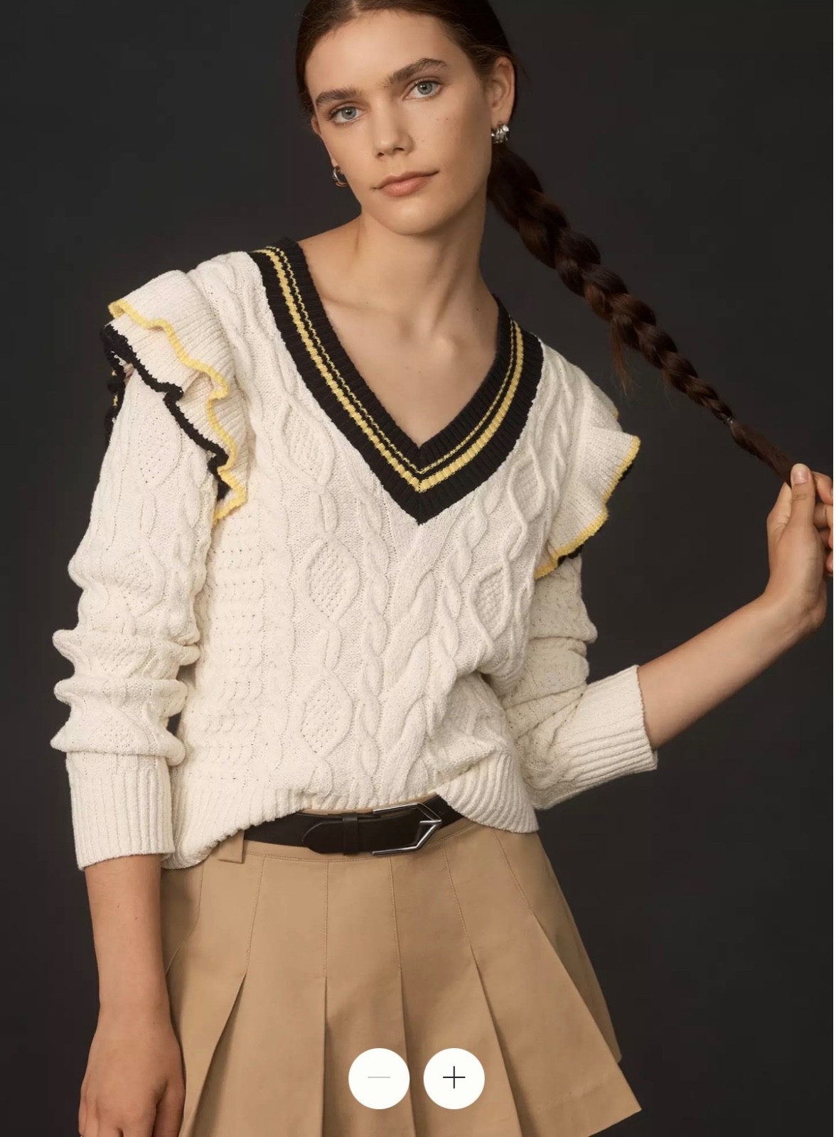 NWT Anthropologie Maeve Ruffle Varsity Cable Sweater Cream Preppy Academia L