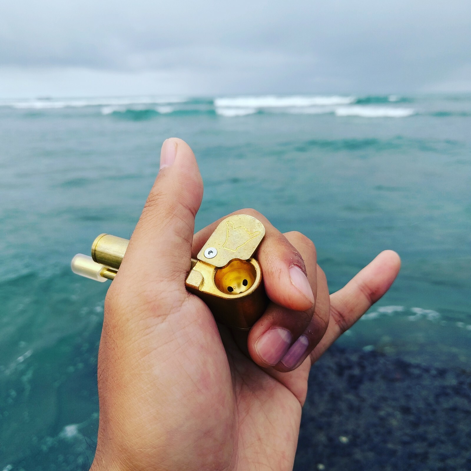 Original Shaka Pipe Unique Brass All-in-One w Stash Tube & Poker Made in Hawaii