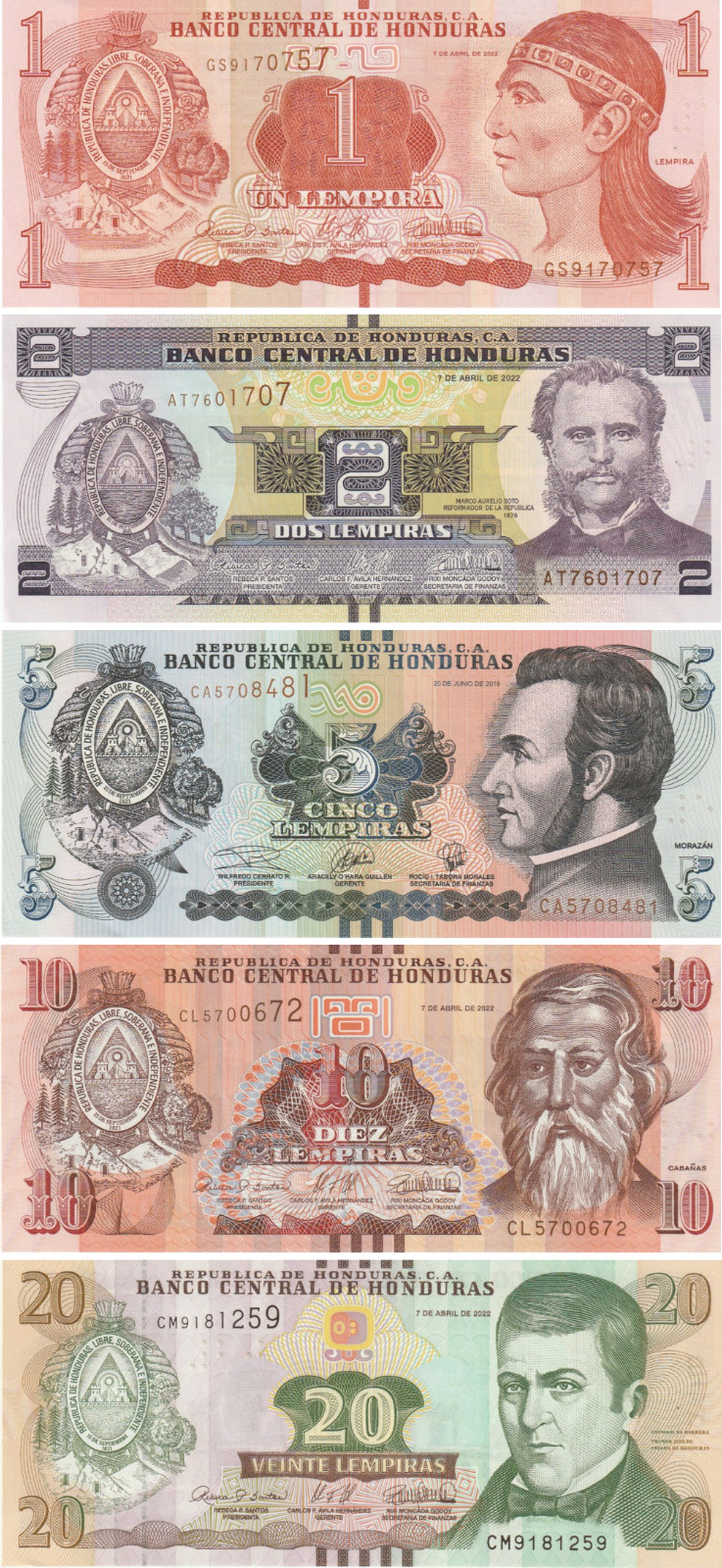 Honduras Set, 1-2-5-10-20 Lempira, 2019/2022, Uncirculated 5 Note Set Honduras Set, 1-2-5-10-20 Lempira, 2019/2022, Uncirculated 5 Note Set