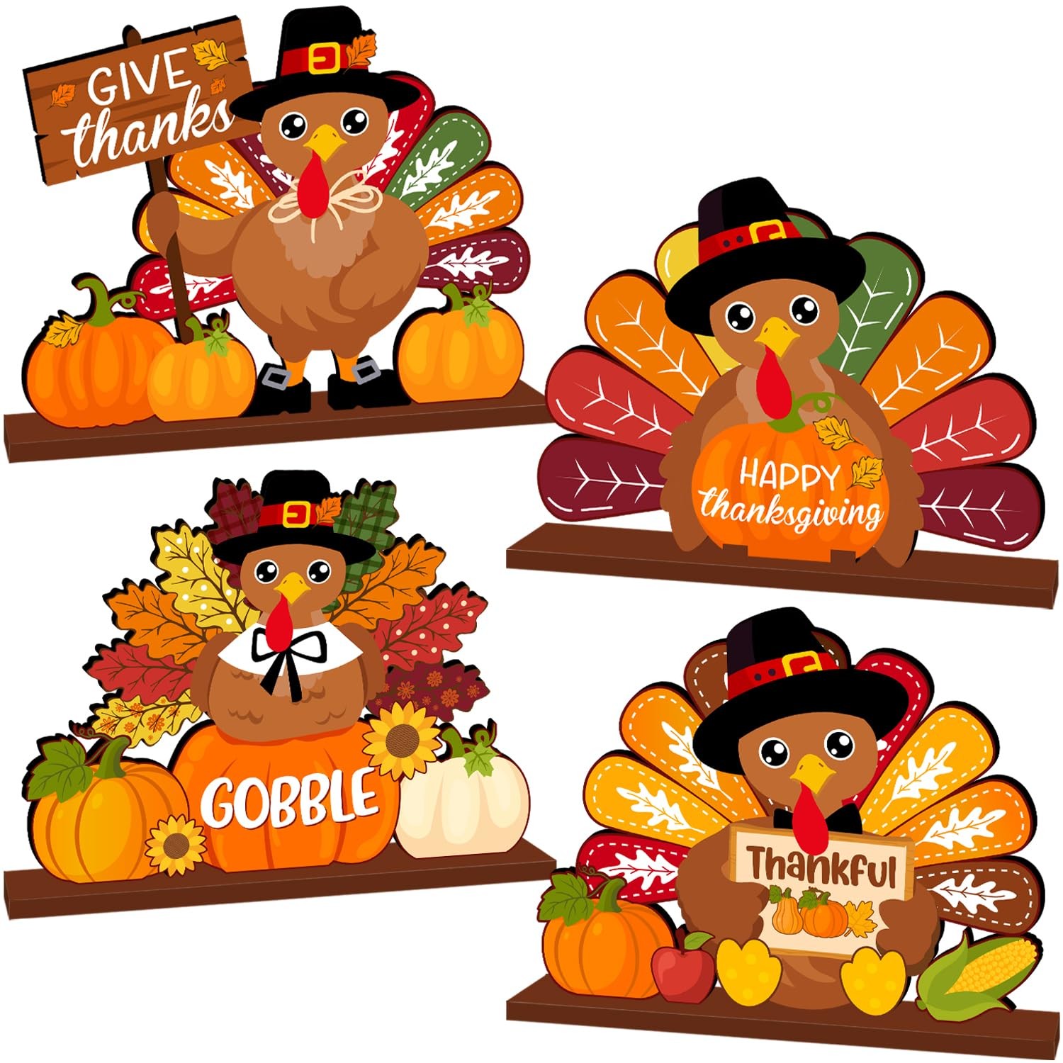 Thanksgiving Decor 4pcs Wooden Turkey Thanksgiving Table Centerpieces
