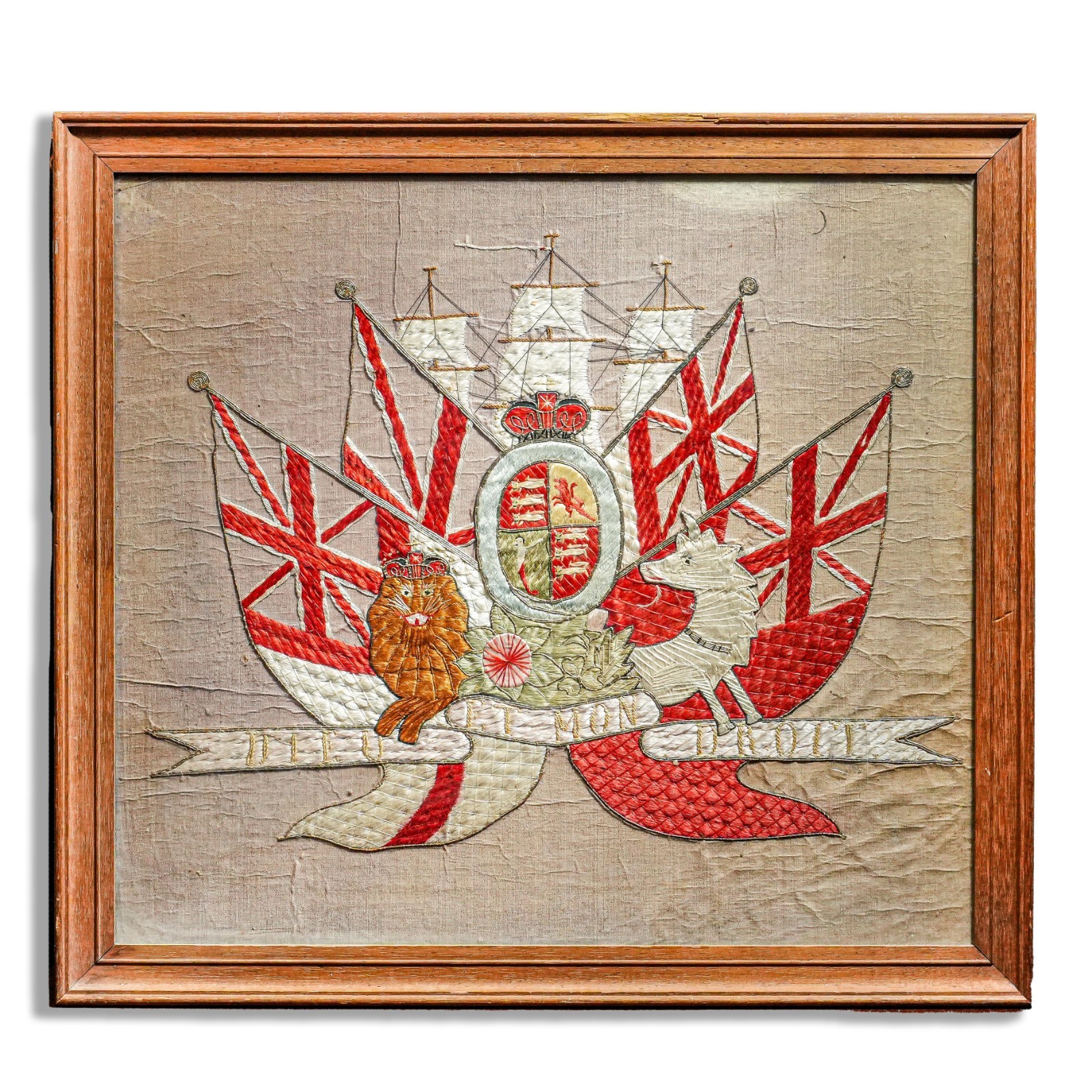 Fascinating England Antique Hand-Embroidered Royal Naval Crest Gilt Thread Silk