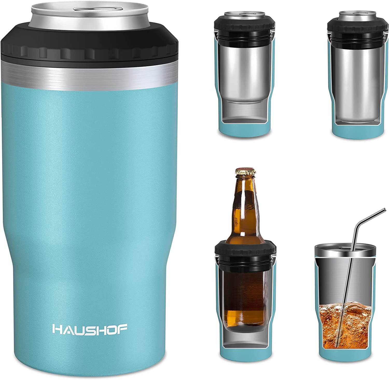 HAUSHOF 12 oz Can Cooler 4 in 1 Double Walled Can Insulator Stainless Steel Cans HAUSHOF 12 oz Can Cooler 4 in 1 Double Walled Can Insulator Stainless Steel Cans