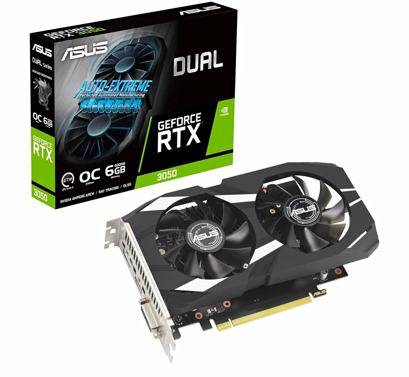 ASUS Dual NVIDIA GeForce RTX 3050 OC Edition 6GB GDDR6 HDMI PCIe x16 ASUS Dual NVIDIA GeForce RTX 3050 OC Edition 6GB GDDR6 HDMI PCIe x16