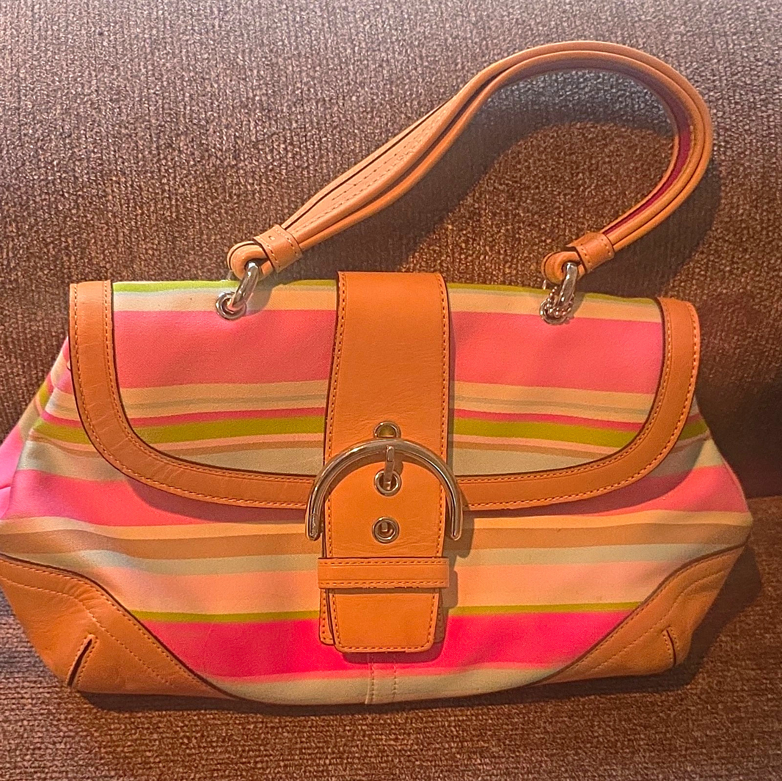 Vintage Y2K Coach Soho Pink Stripe Canvas Shoulder Bag Tan Leather Trim
