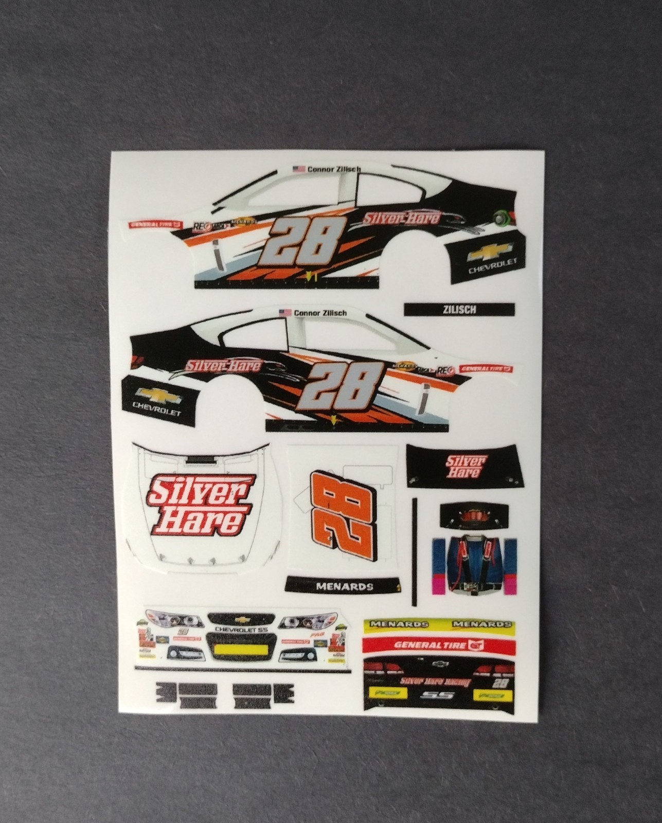 2024 Connor Zilisch #28 Sliver Hare ARCA 1/64 Peel & Stick Decals