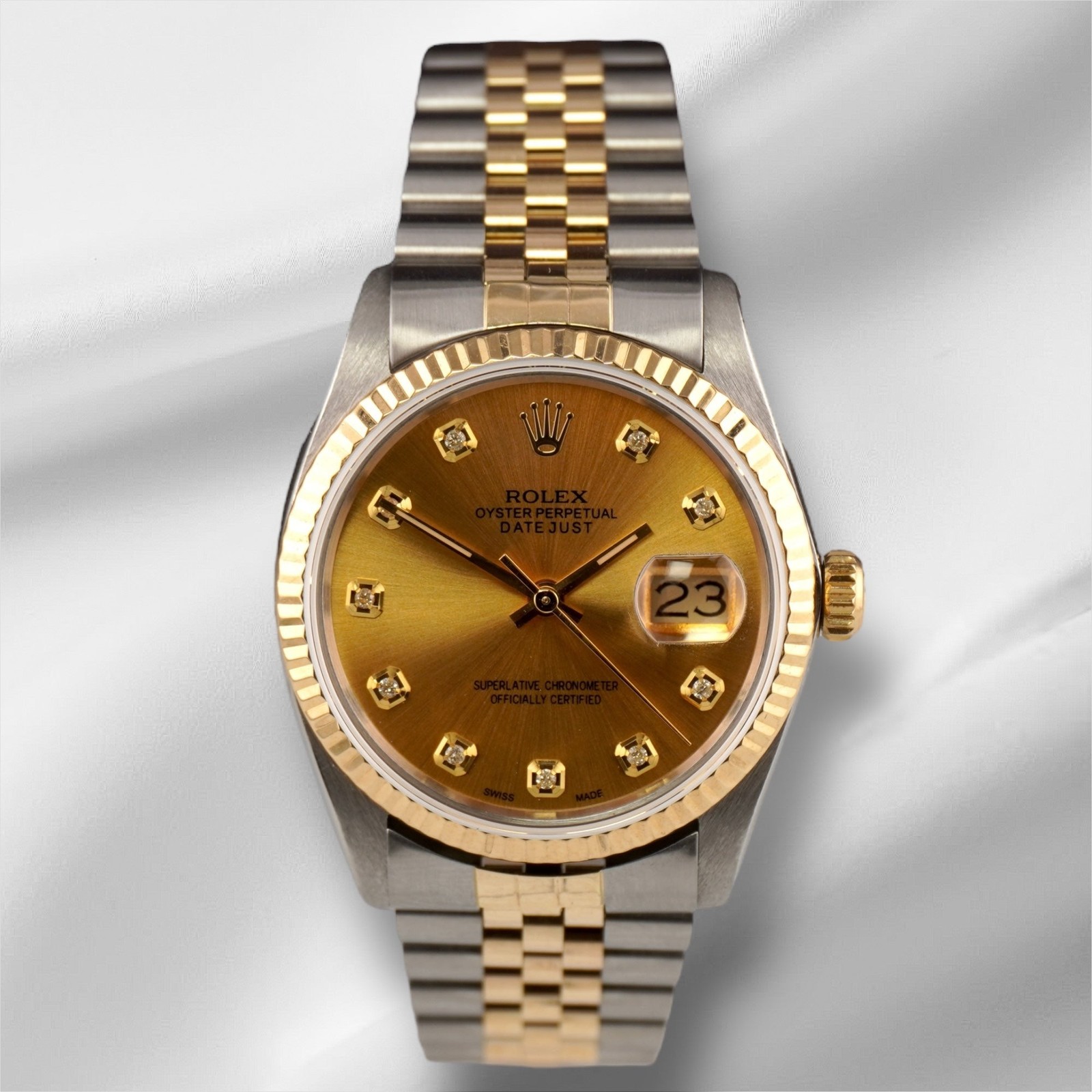Rolex Datejust 36mm Yellow Gold Fluted Gold Diamond Dial Jubilee Watch 16013