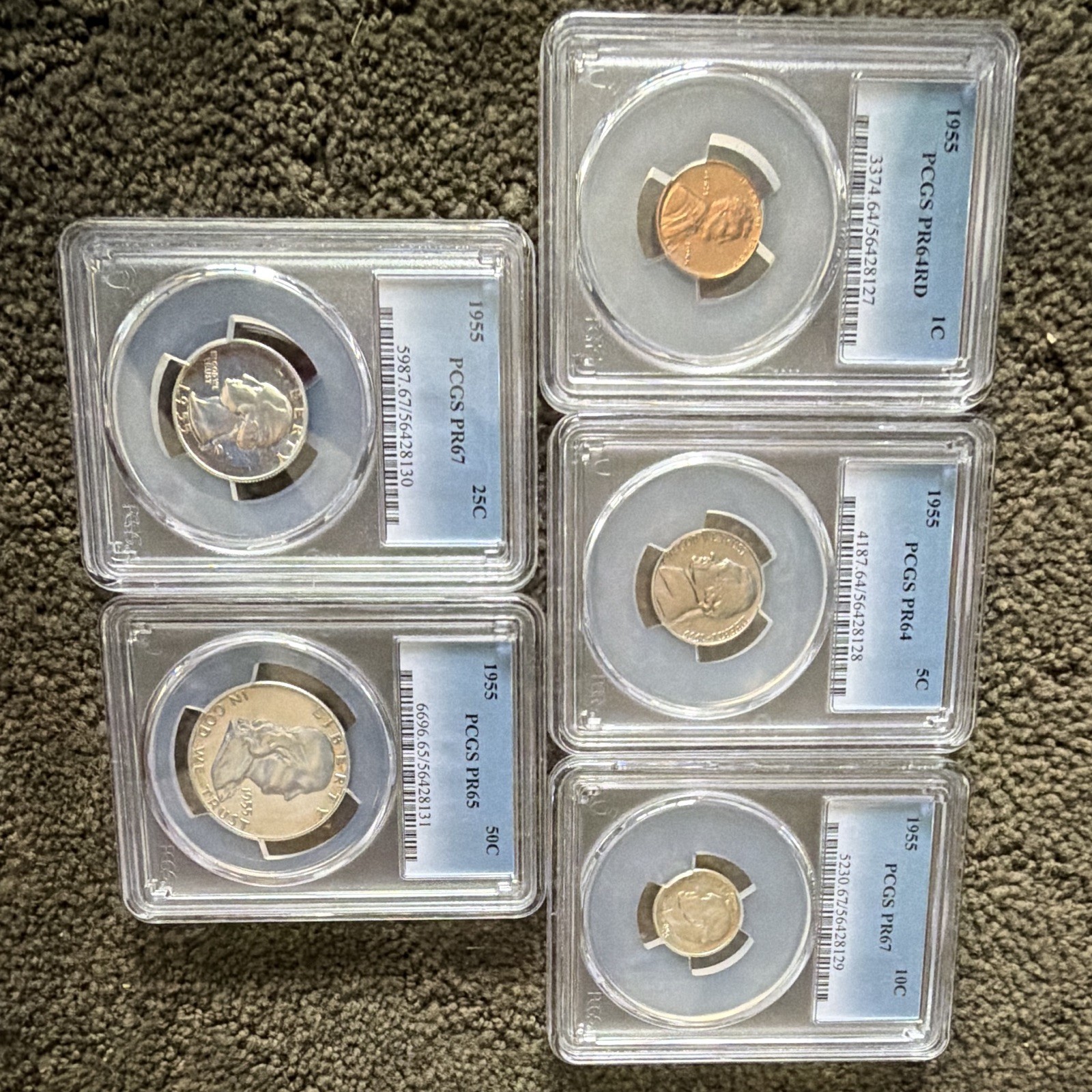 1955 US Proof Set Proof Strike 1C,5C,10C,25C, and 50C PR64-67 1955 US Proof Set Proof Strike 1C,5C,10C,25C, and 50C PR64-67