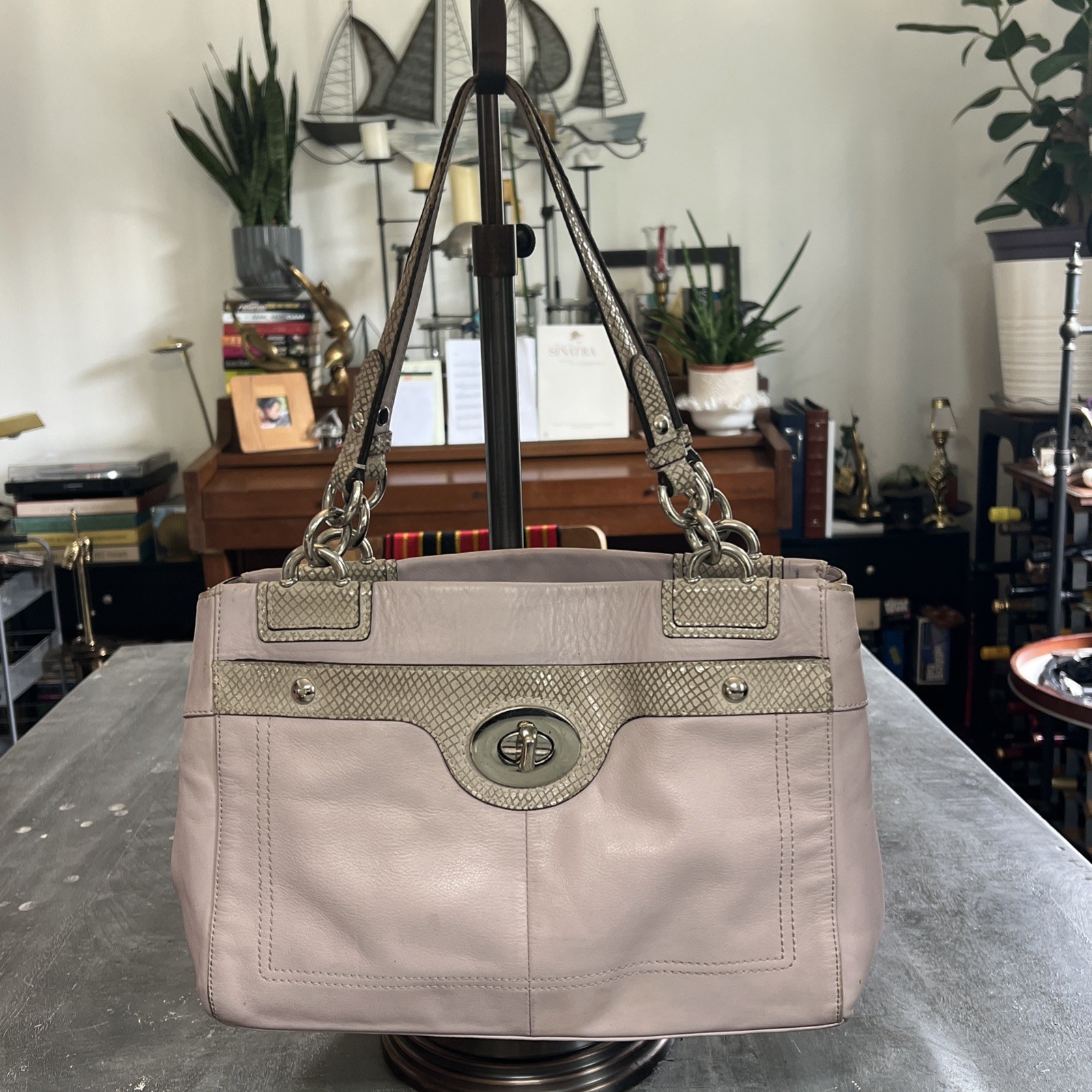 COACH F16531 Penelope Lilac Leather TurnlockDouble Handle Satchel Bag Croc Trim COACH F16531 Penelope Lilac Leather TurnlockDouble Handle Satchel Bag Croc Trim