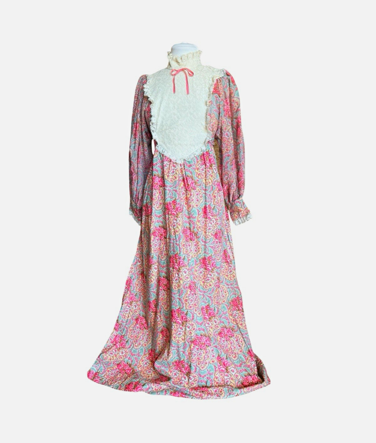 Vintage Vicky Vaughn 70s Floral Medallion Prairie Maxi Dress Lace Bib Boho