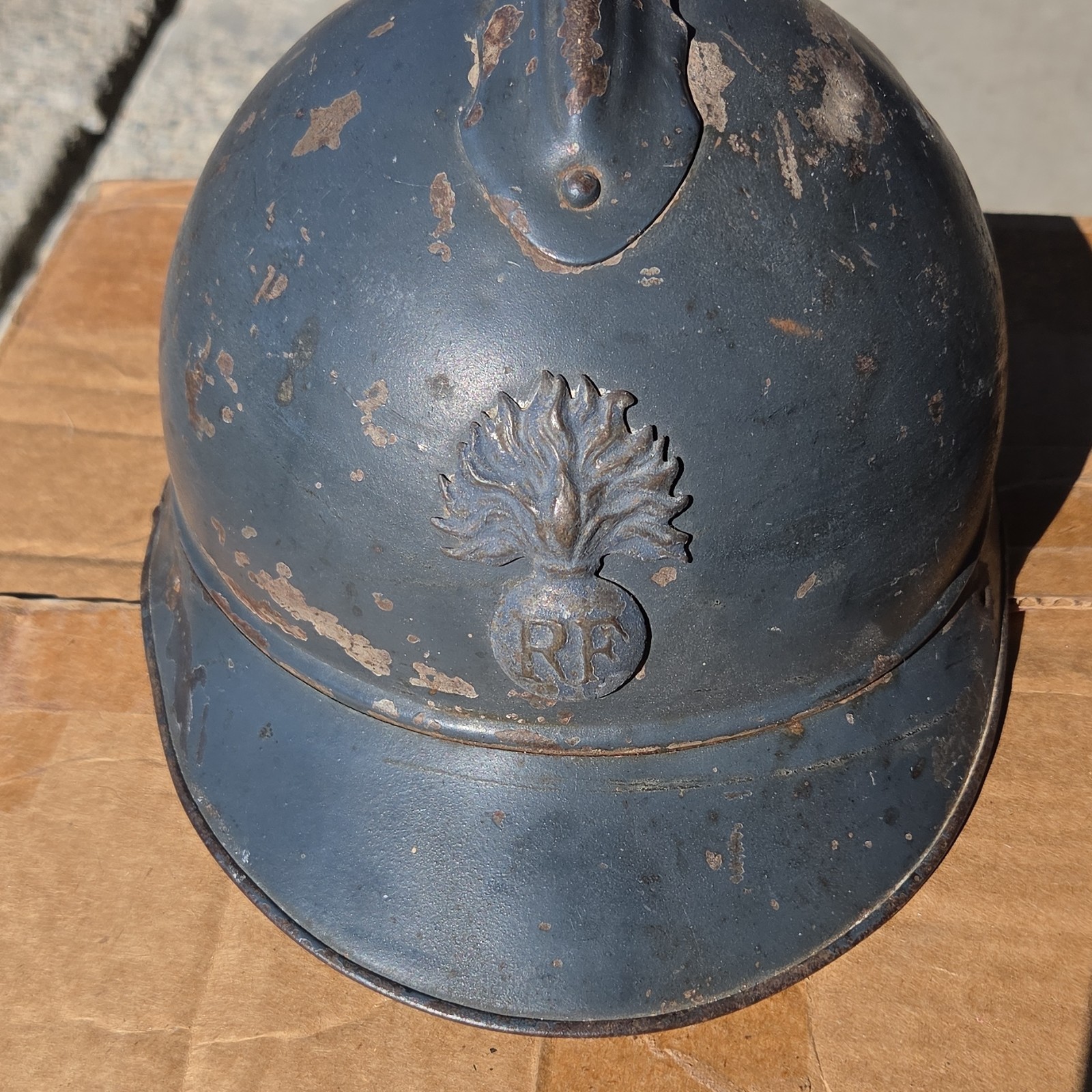 French WWI Adrian Steel Helmet w/ RF Grenade Insignia, Original Militaria French WWI Adrian Steel Helmet w/ RF Grenade Insignia, Original Militaria