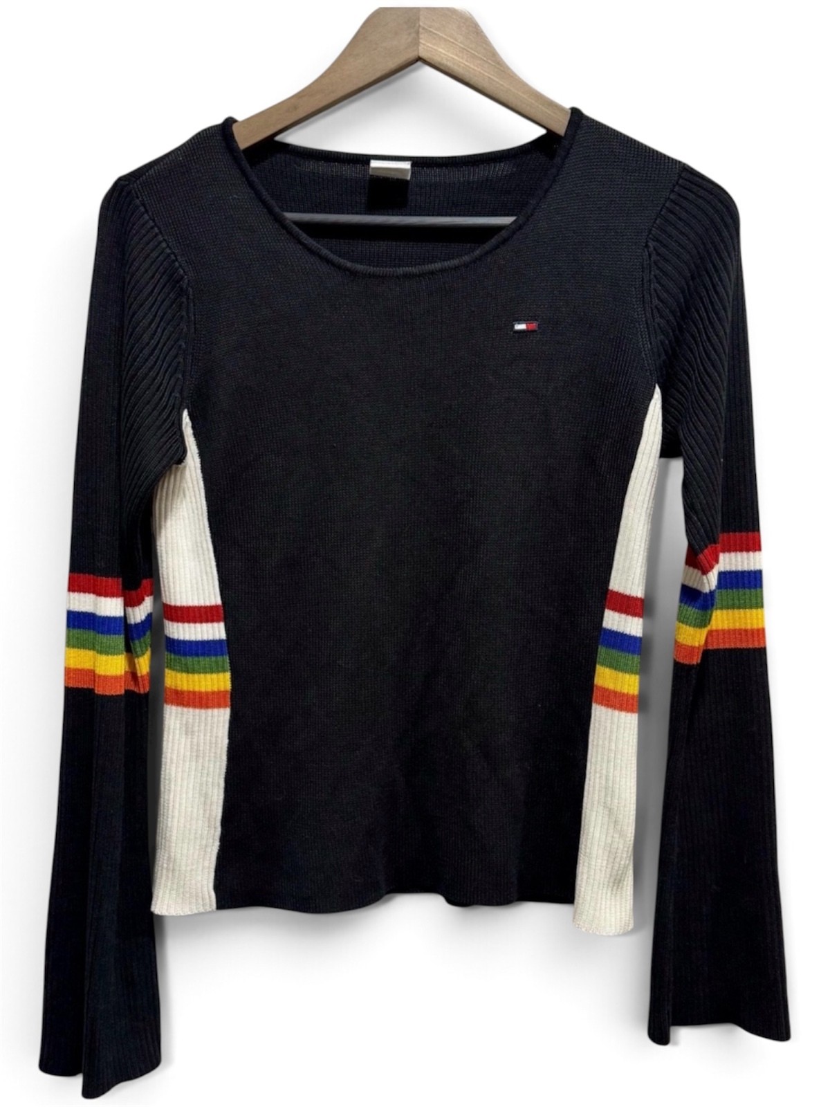 Vintage 2001 Y2K Tommy Jeans Rainbow Stripe Bell Sleeve Top L