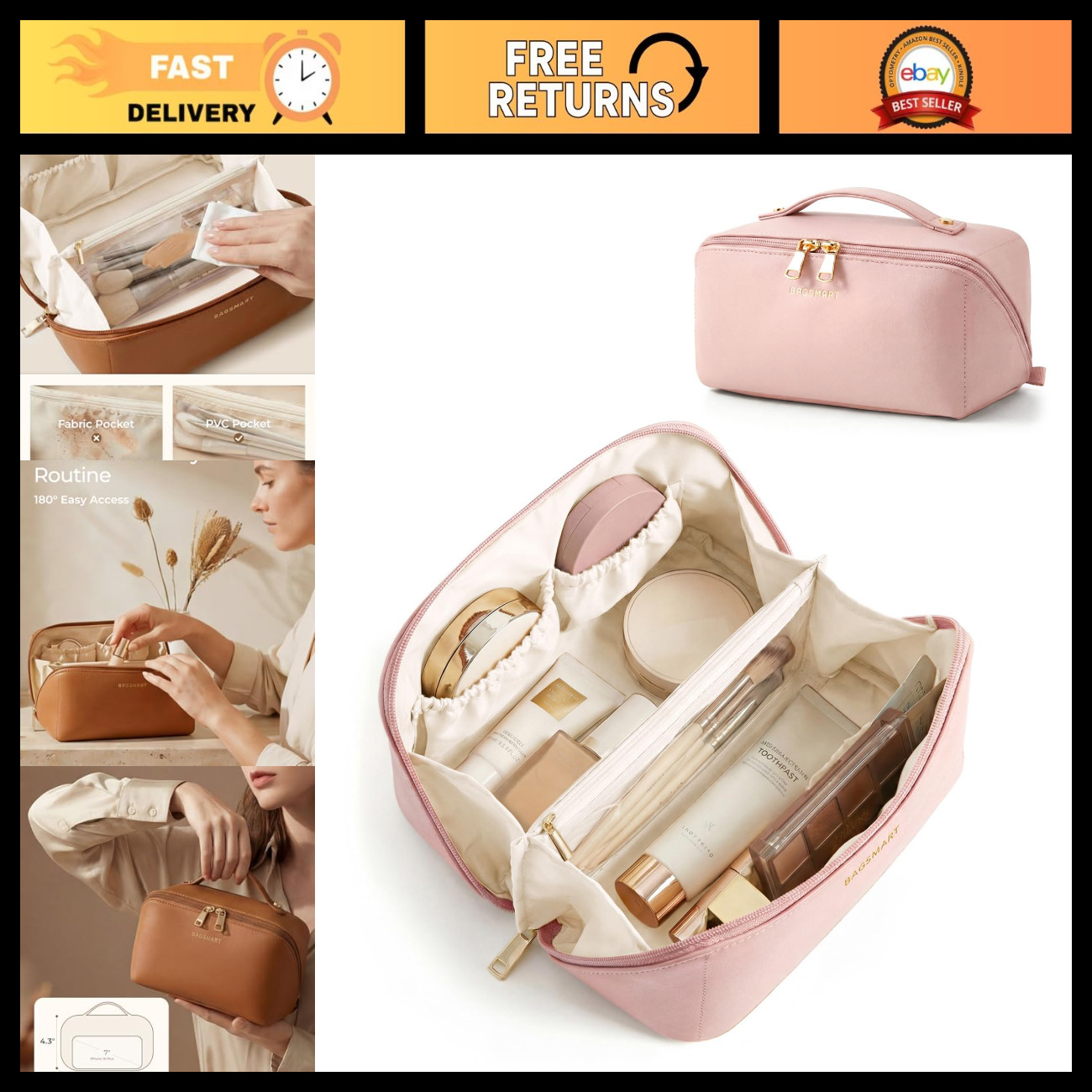 Travel Makeup Bag - Cosmetic Organizer for Women, Toiletry Case & Brush Holder,