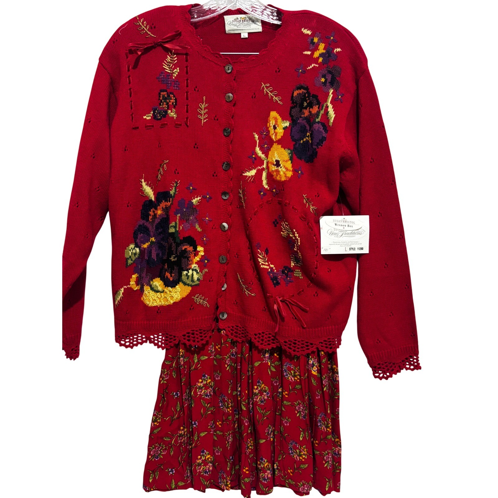 New Susan Bristol Red Floral Embroidered Cardigan & Midi Skirt Set L cottagecore