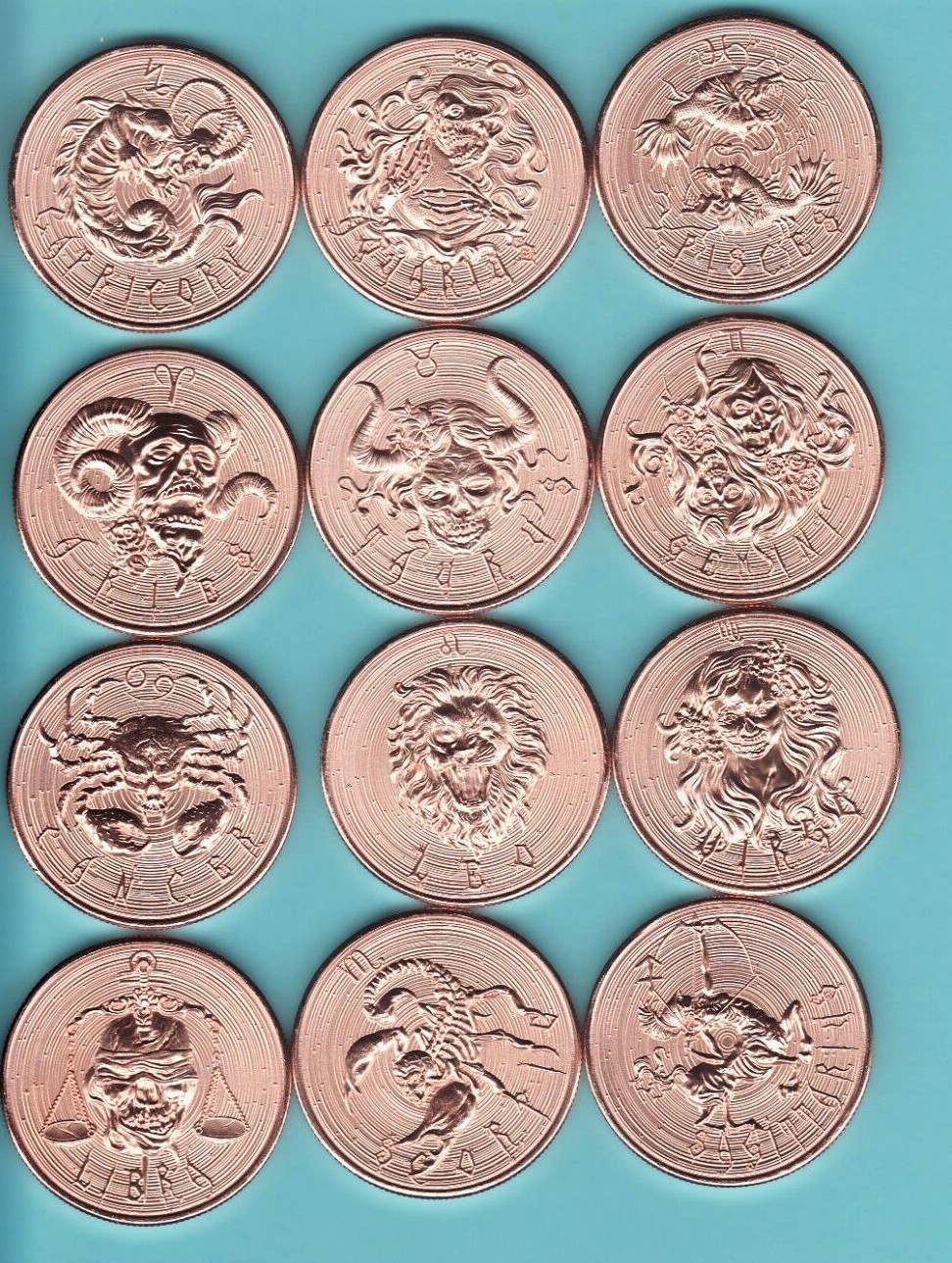 ZOMBIE  ZODIAC Astrology 12 Coin SET  1 TROY oz  COPPER ROUNDS  2022  \