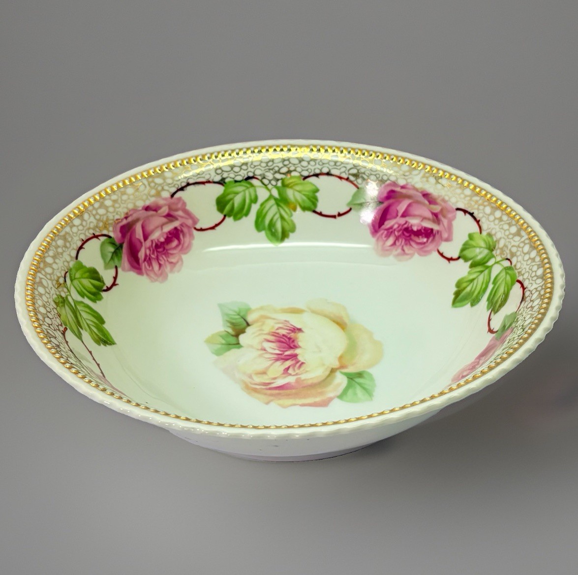 Antique Koenigszelt Silesia 9” Round Scalloped Serving Bowl Rose Motif Germany Antique Koenigszelt Silesia 9” Round Scalloped Serving Bowl Rose Motif Germany