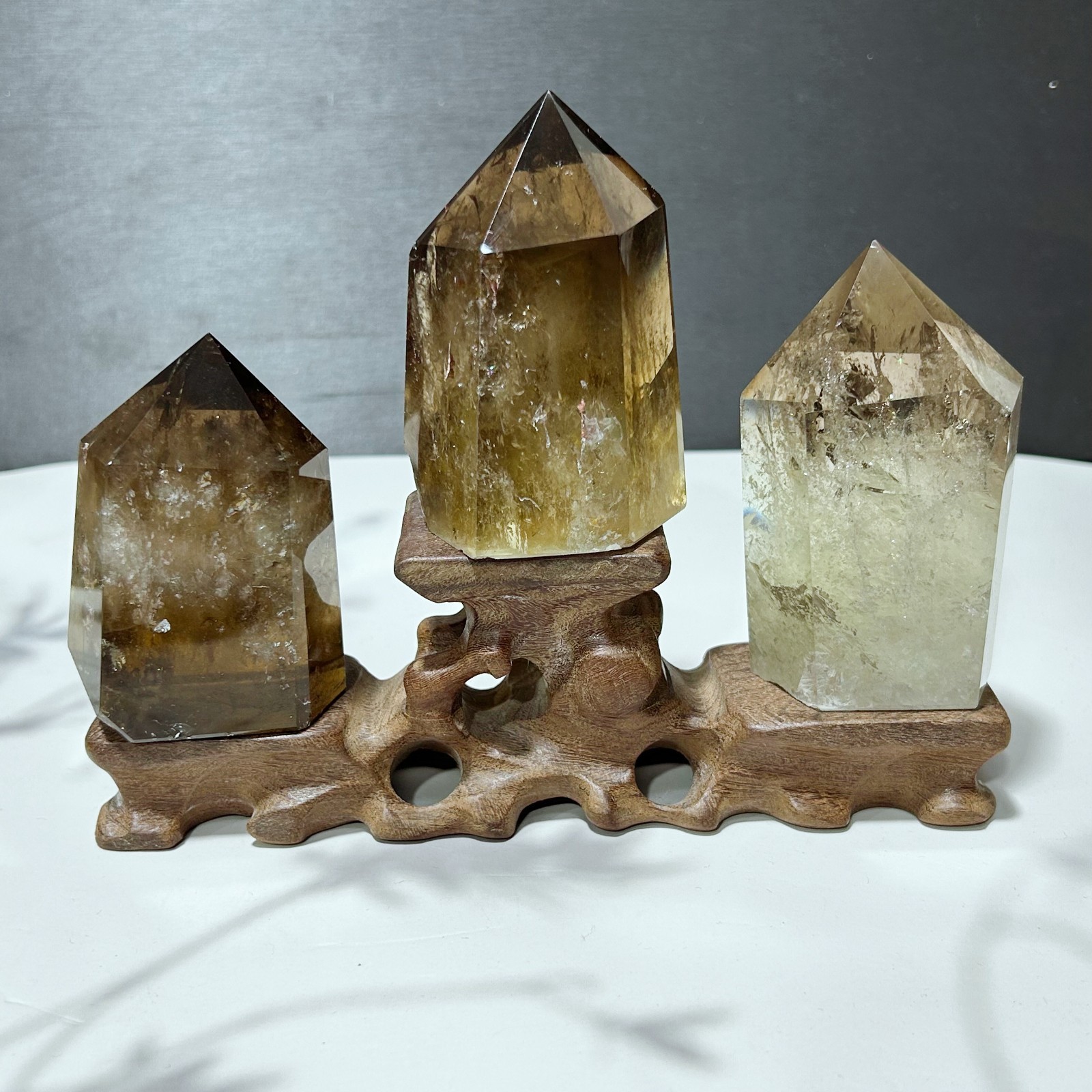 ALL 1.72LB Natural Smoky Citrine Quartz Obelisk Crystal Wand Point 3pc +stand