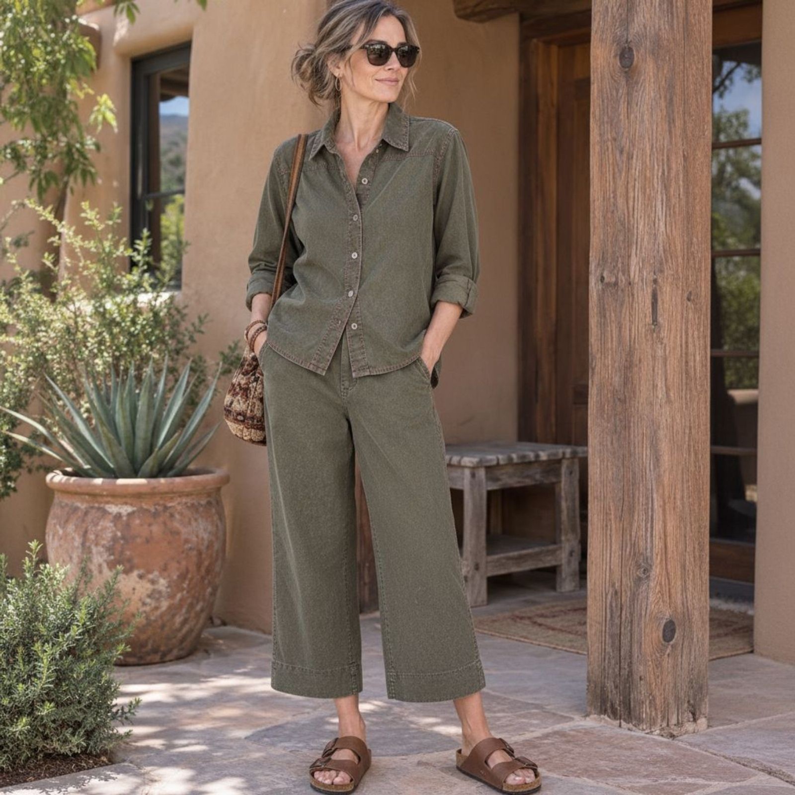 Vintage 90s Chicos Design Olive Green Linen Shirt Red Stitch Top Sz 1 M