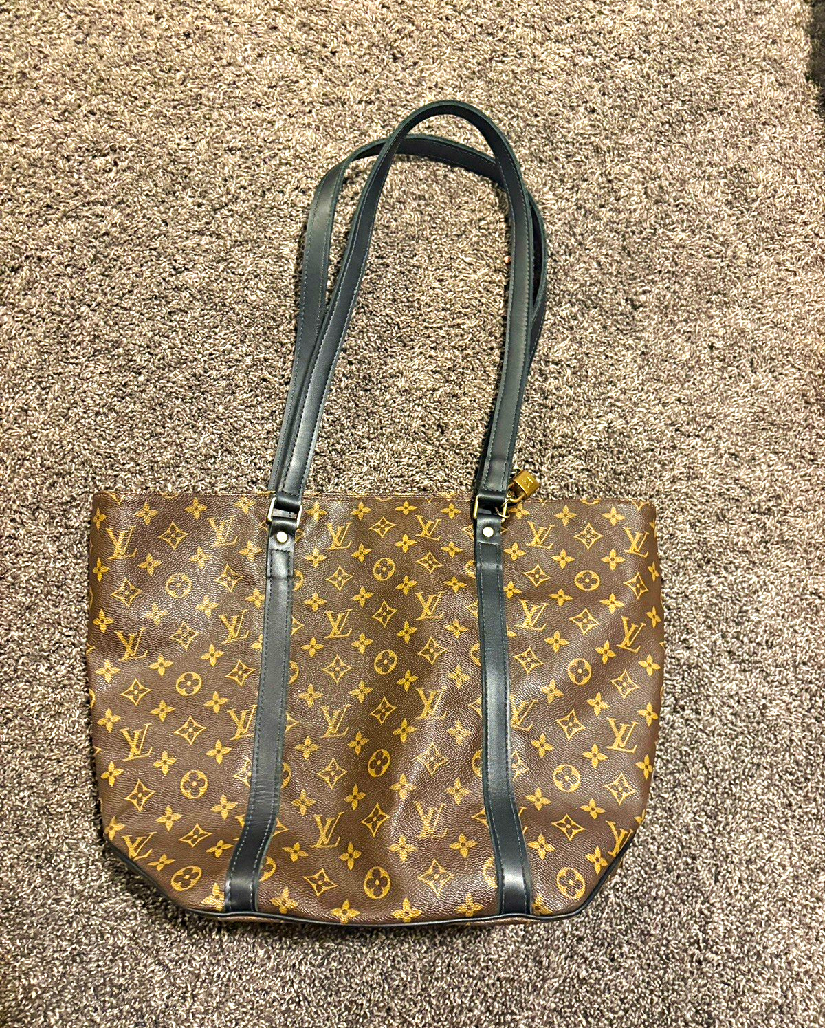 Vintage Boho Upcycled Louis Vuitton Monogram Tote Black Leather Straps