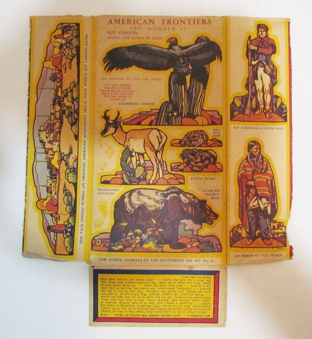 PUFFED RICE AMERICAN FRONTIERS CEREAL BOX BACK KIT CARSON c. 1940\'s QUAKER VTG