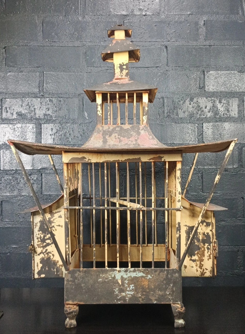 ANTIQUE CHINESE PAGODA METAL PAINTED BIRD CAGE