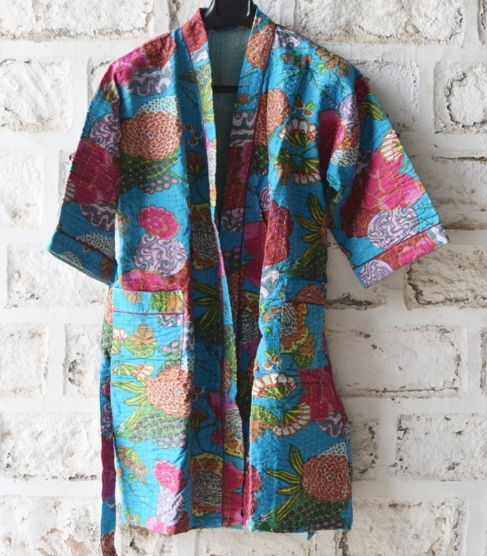 Vintage Cotton Handmade Kantha Jacket japanese Kimono Style Quilted Kantha Robe