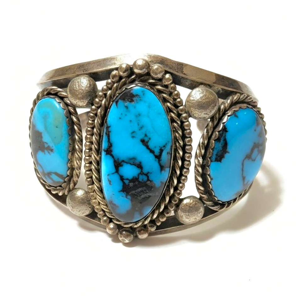 Vintage Navajo Old Pawn Cuff Bracelet with Kingman Mine Spiderweb Turquoise Vintage Navajo Old Pawn Cuff Bracelet with Kingman Mine Spiderweb Turquoise