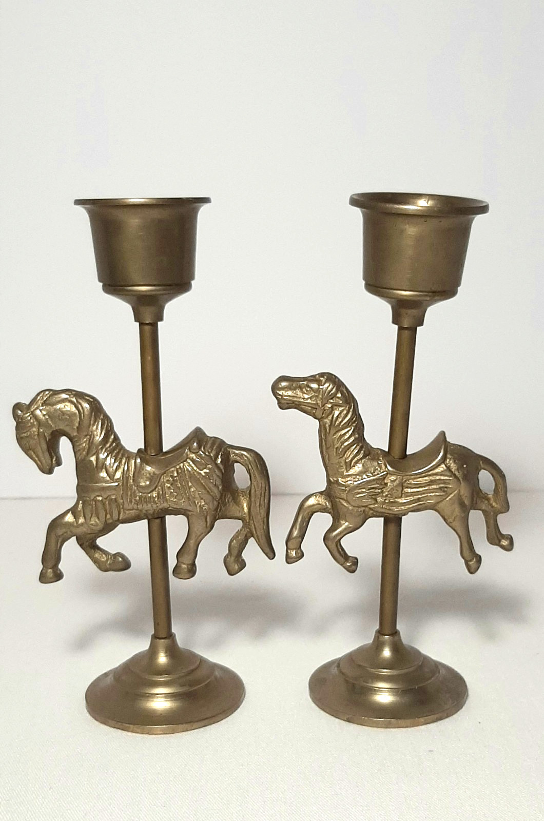 Pair of Vintage Solid Brass Carousel Horses Candle Stick Holders 5\ Pair of Vintage Solid Brass Carousel Horses Candle Stick Holders 5\