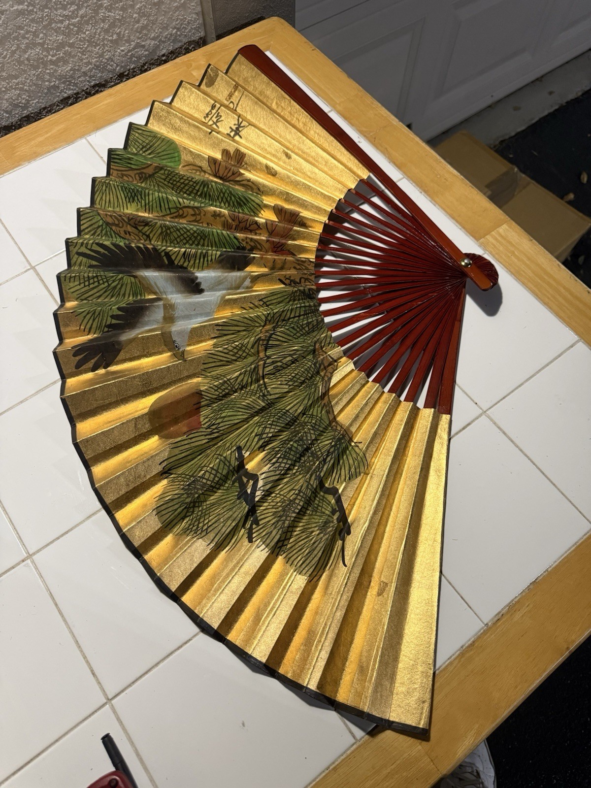 Vintage Asian Folding Wall Fan 20” Gold Eagle Pine Tree Oriental Decor
