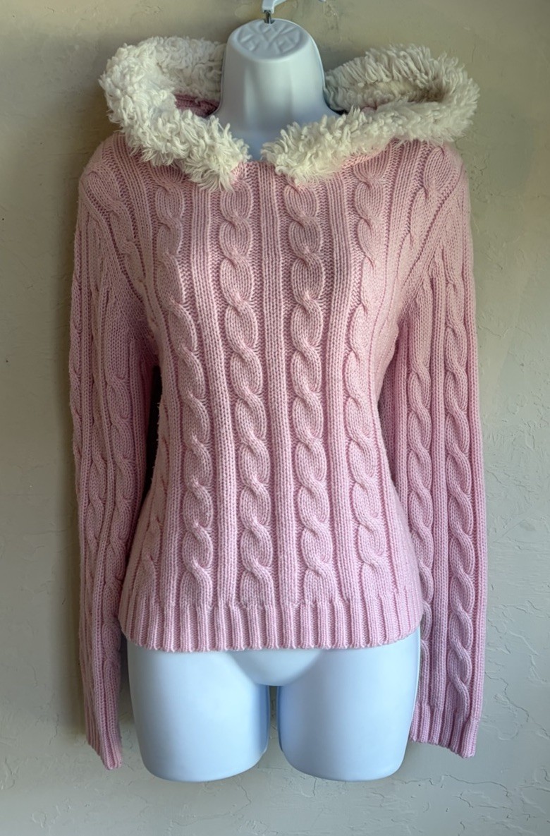 Vintage Y2K Decoded Pink Cable Knit Sweater Hoodie L Faux Fur Preppy Coquette Vintage Y2K Decoded Pink Cable Knit Sweater Hoodie L Faux Fur Preppy Coquette
