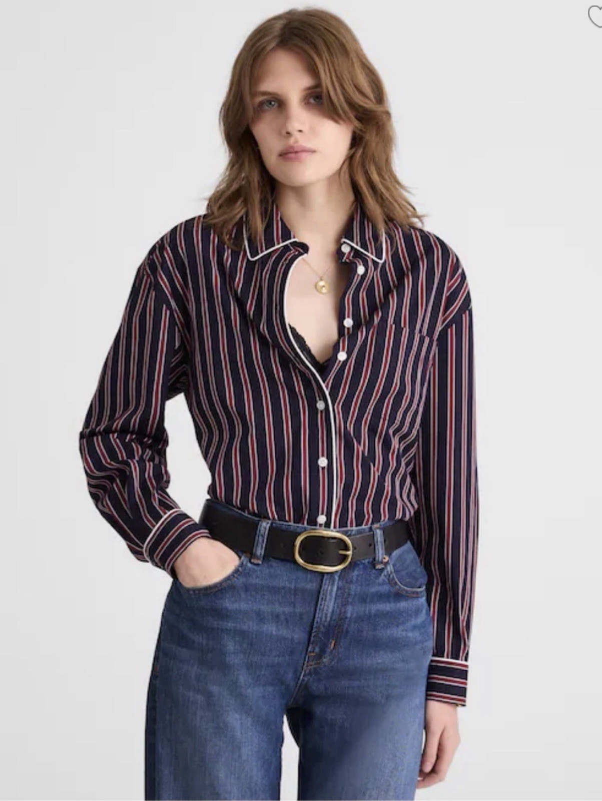 Madewell NWT Long Button Up Shirt in Stripe Poplin Burgundy Navy White Piping S
