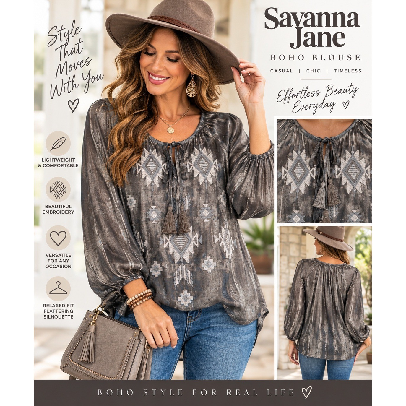 Savanna Jane Western Boho Gray Shiny long sleeve top Size Large Embroidered Savanna Jane Western Boho Gray Shiny long sleeve top Size Large Embroidered