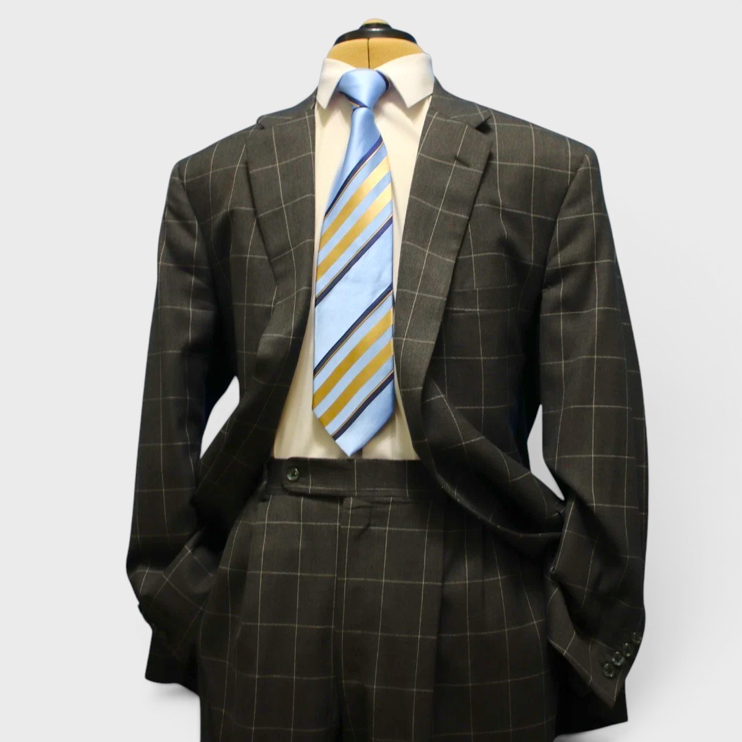 Tom James X Holland Sherry 2 Piece Suit 40L Charcoal Windowpane Functional Cuffs