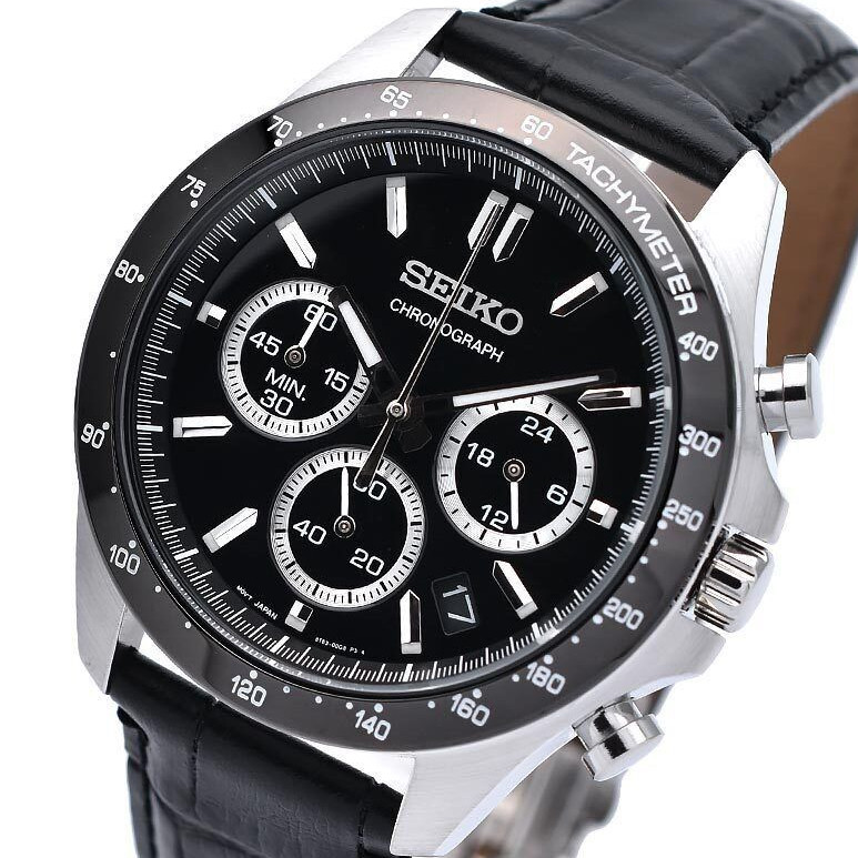 Seiko Spirit Black Dial Leather Band Chronograph Men\'s Watch SBTR021