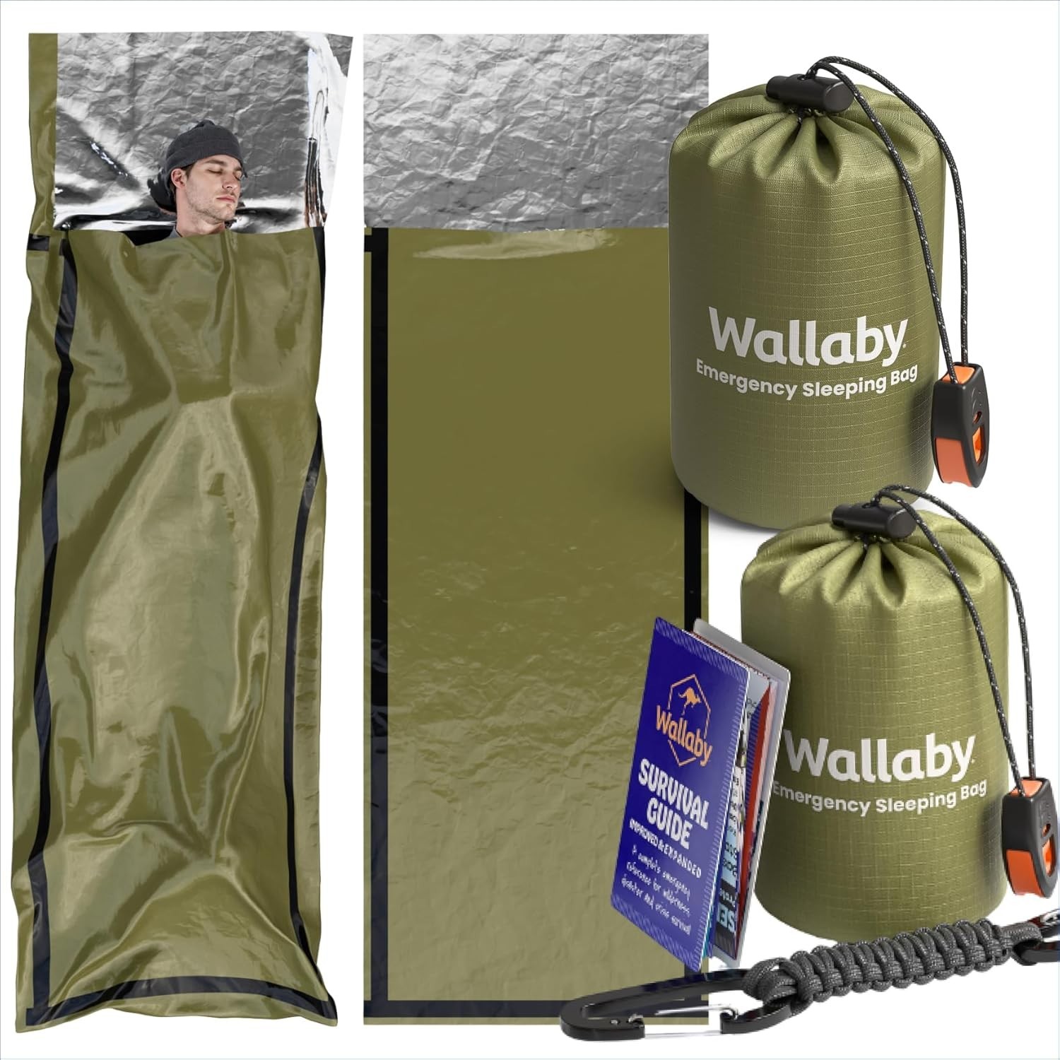 2-Pack Emergency Mylar Sleeping Bags Survival Blanket w/ Whistle & Carabiner