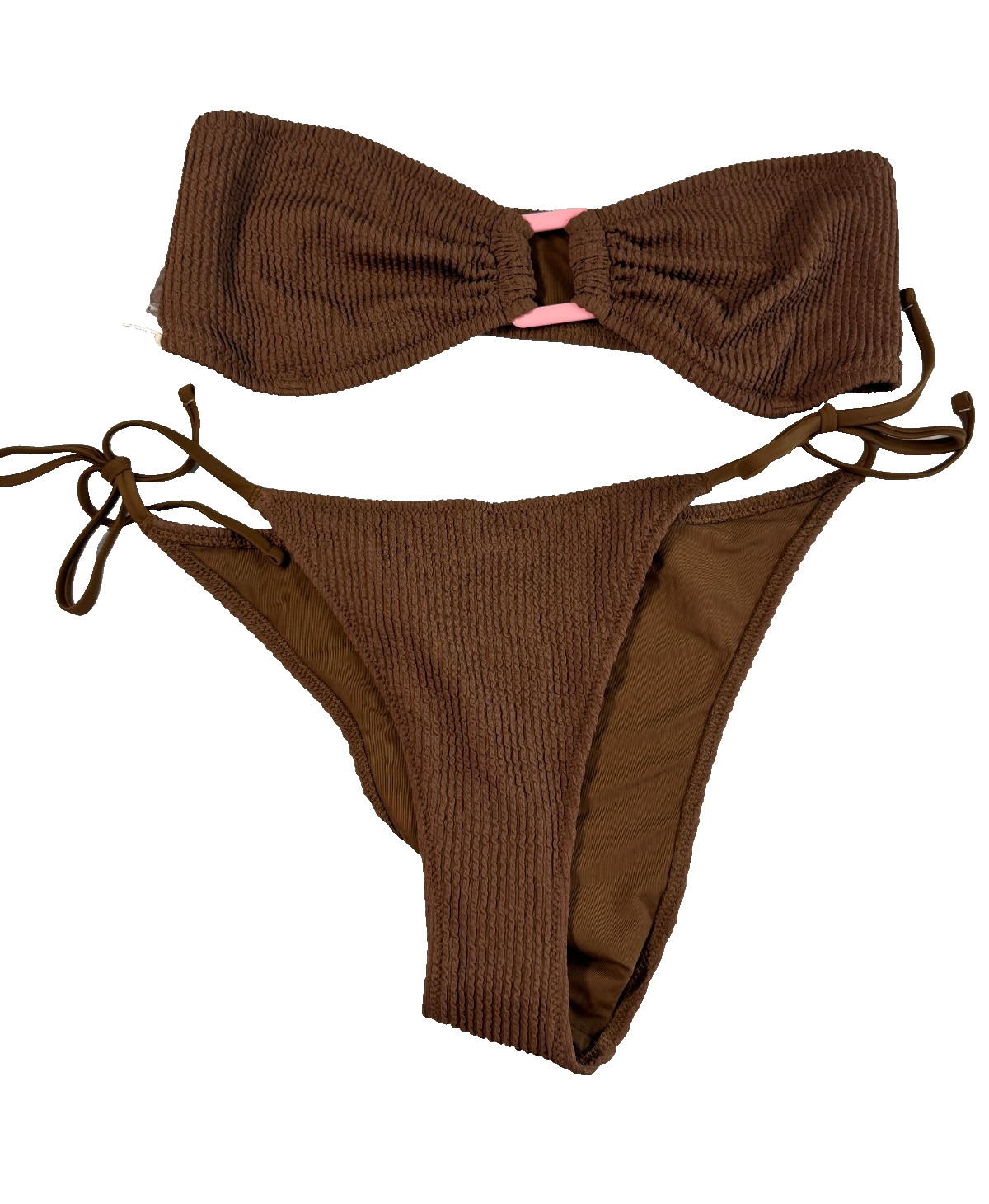Aerie Brown Crinkle Bandeau Bikini Set Tie Side Bottoms NWT Women\'s Large