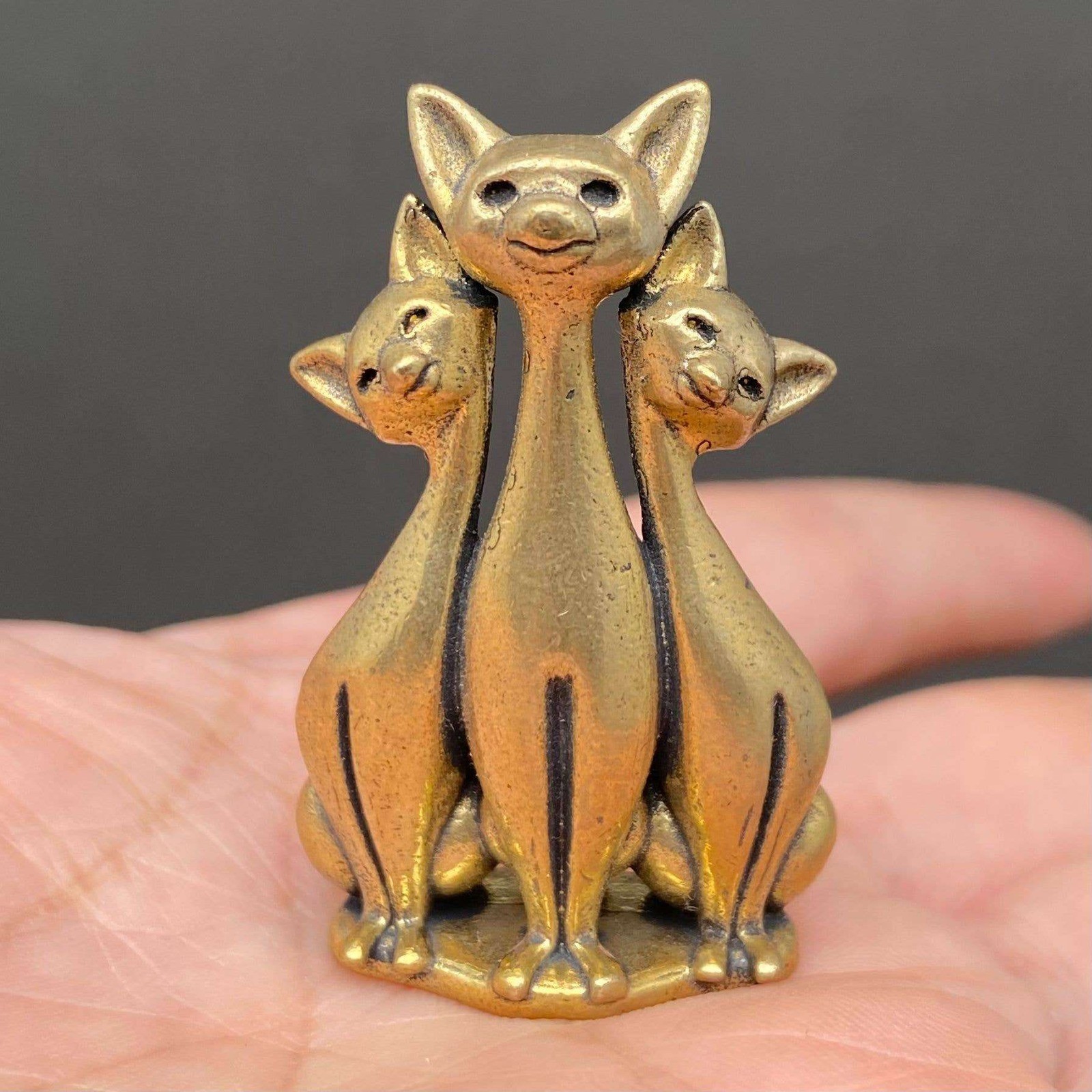 Solid Brass Three Cats Figurine Cat Family Familiar Spirit Animal Decor