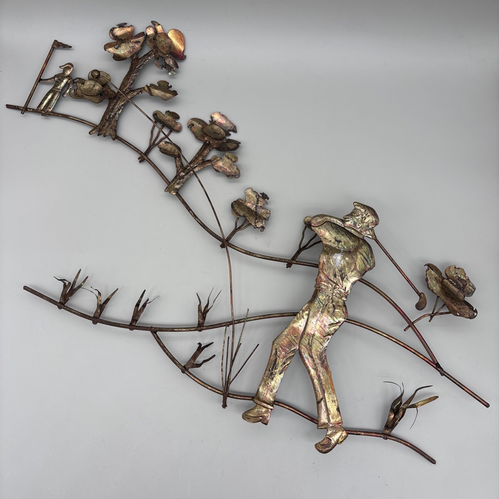 Vintage MCM Brutalist Metal Wall Sculpture Golf Scene Plated Copper Tone 30\