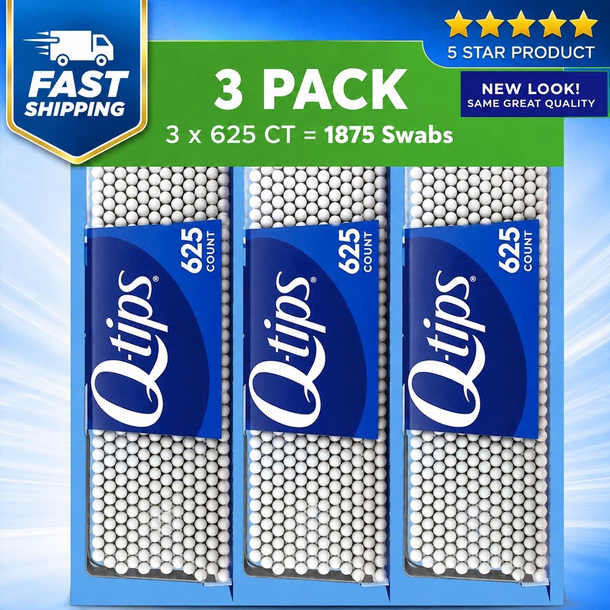 Q-TIPS SWABS Cotton Club ct, 625 Count, (Pack of 3)