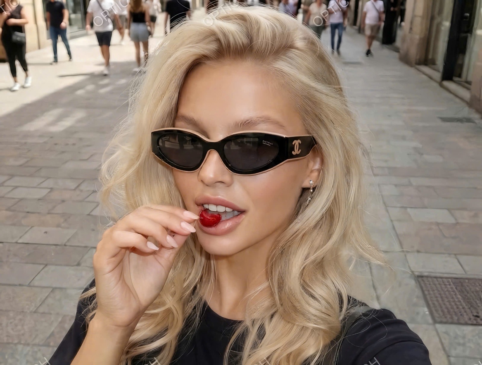 Chanel CH6056 54mm Cat Eye Sunglasses in Black with Beige Black Lenses Chanel CH6056 54mm Cat Eye Sunglasses in Black with Beige Black Lenses