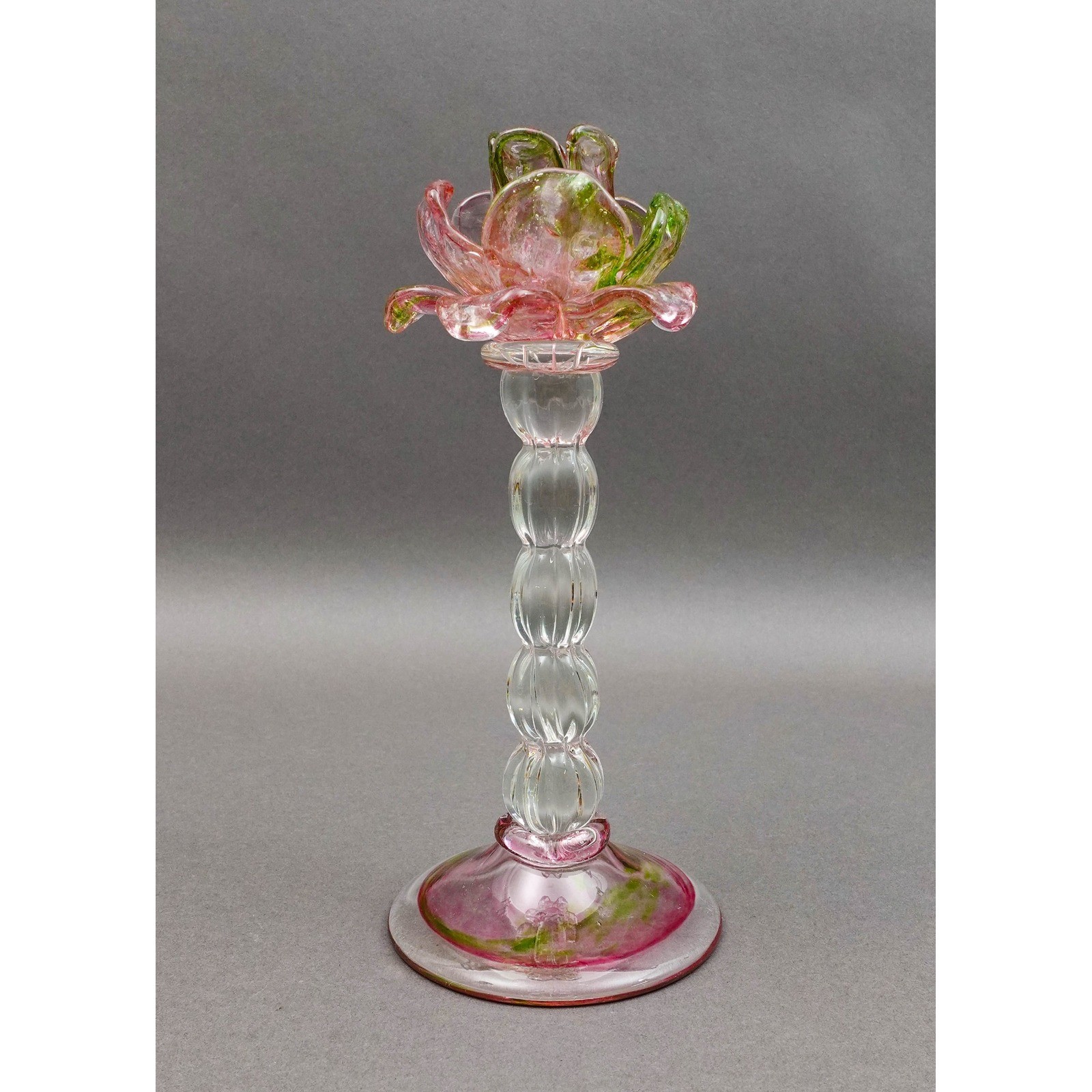 Vintage Murano Floriform Pink Green Flower Art Glass Candlestick Candle Holder Vintage Murano Floriform Pink Green Flower Art Glass Candlestick Candle Holder