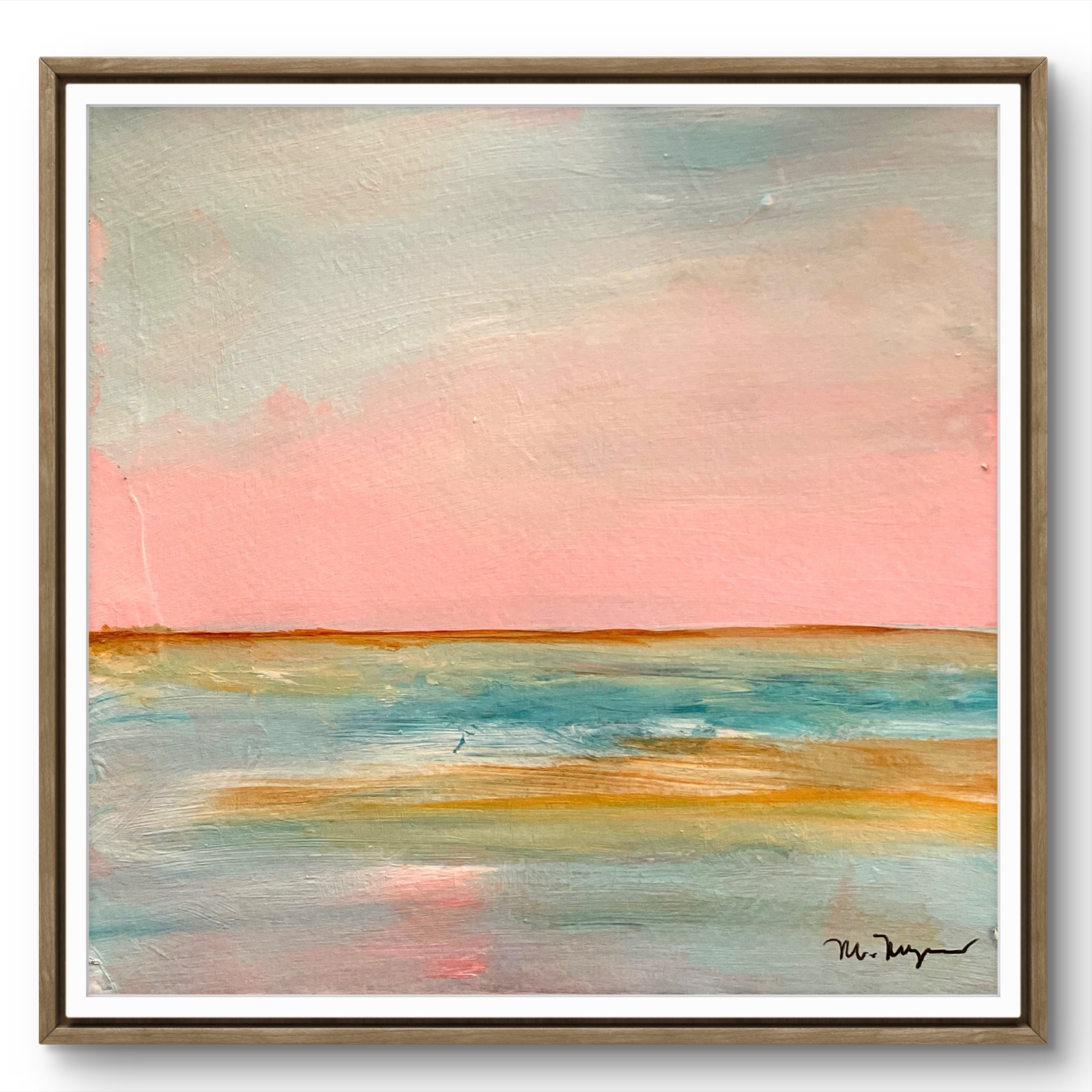 Mary Myers Original Abstract Expressionism 8x8 Pink Sky Seascape Paper Signed