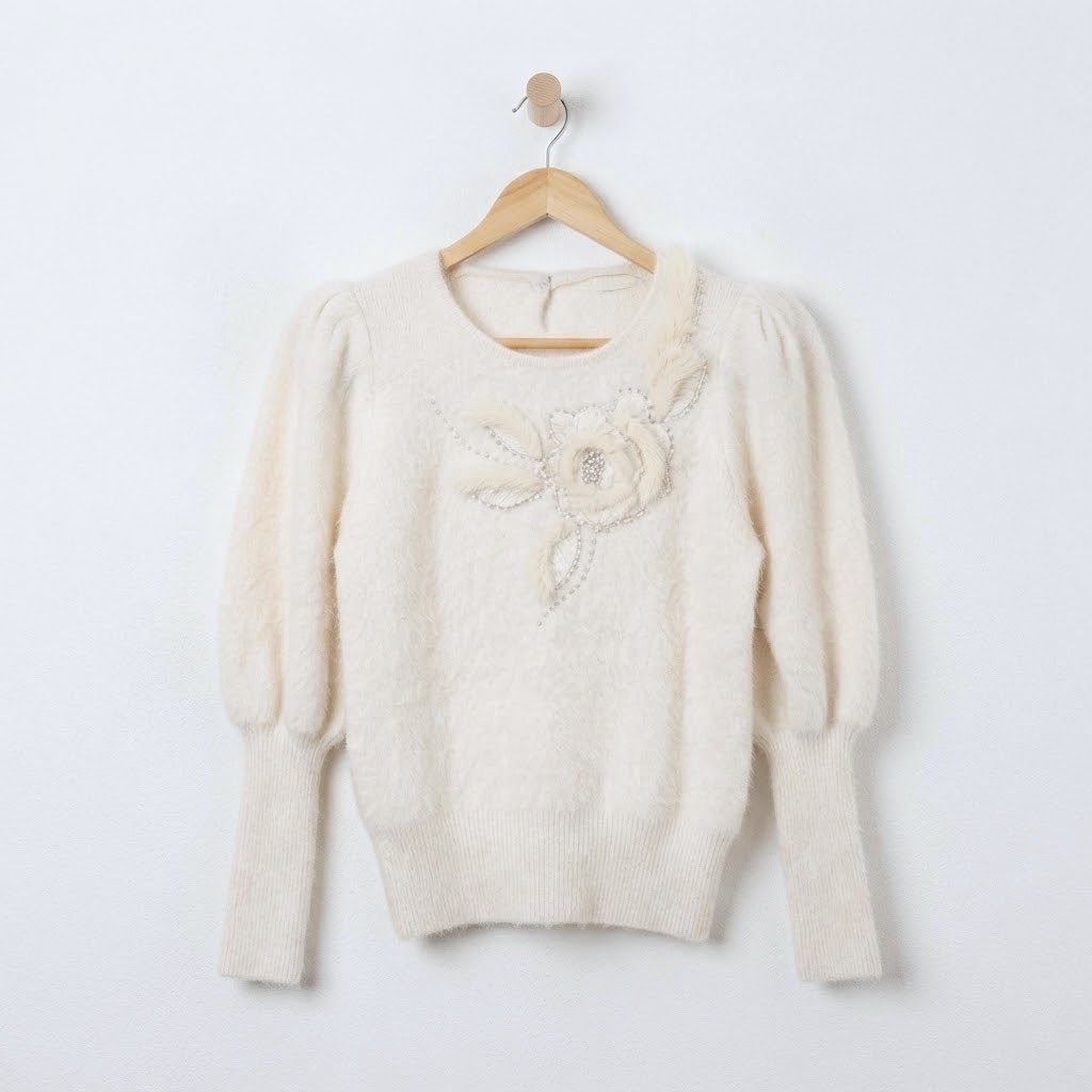 Vintage Cream Fuzzy Angora Pearl Fur Floral Applique Coquette Twee Sweater Small