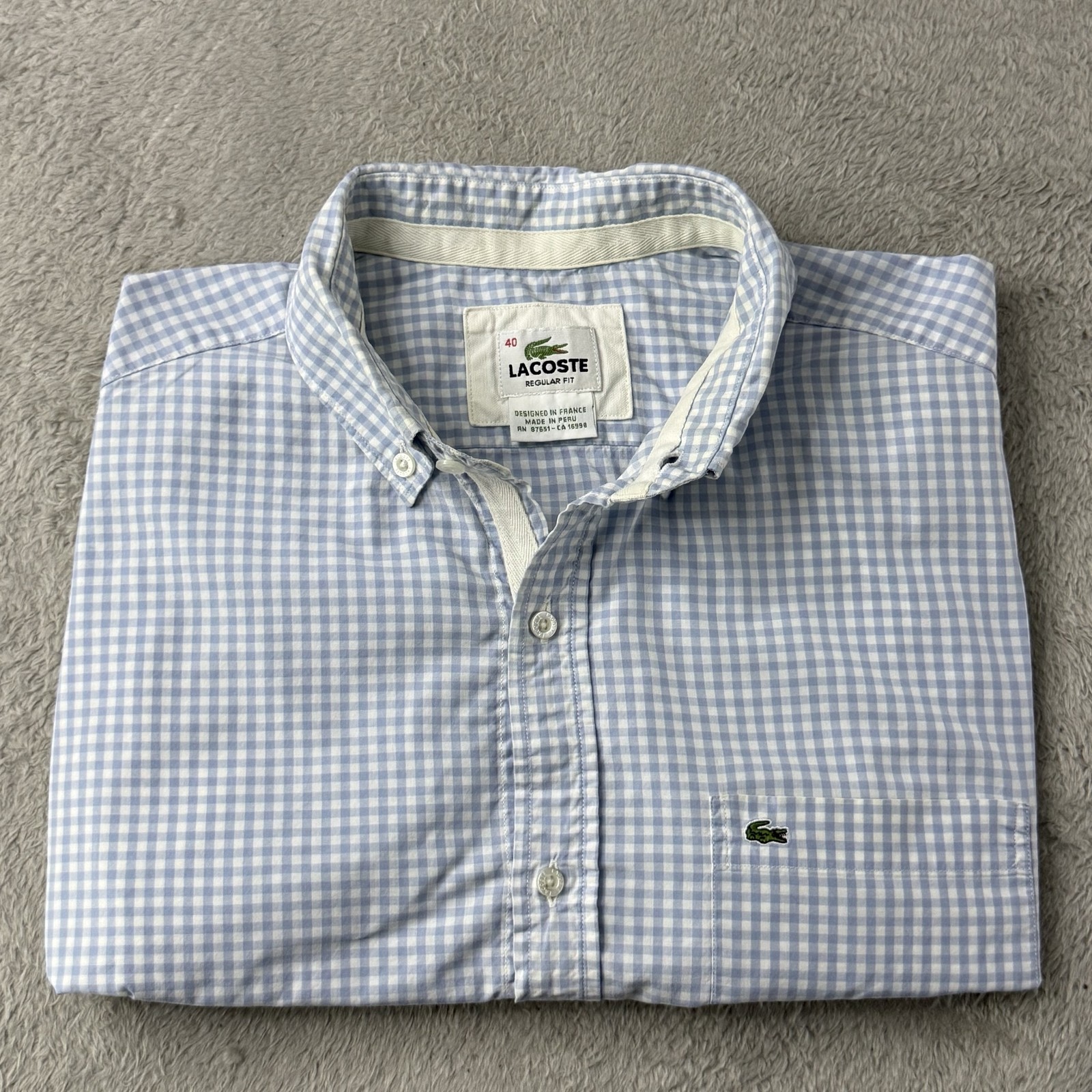 Lacoste Shirt Mens Large Blue Gingham Check Cotton Lightweight Logo Preppy