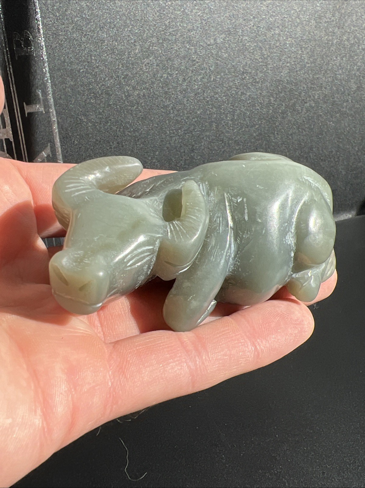Chinese Green Nephrite Jade Ox Carving Figurine 174.8 Grams Republic Period Chinese Green Nephrite Jade Ox Carving Figurine 174.8 Grams Republic Period