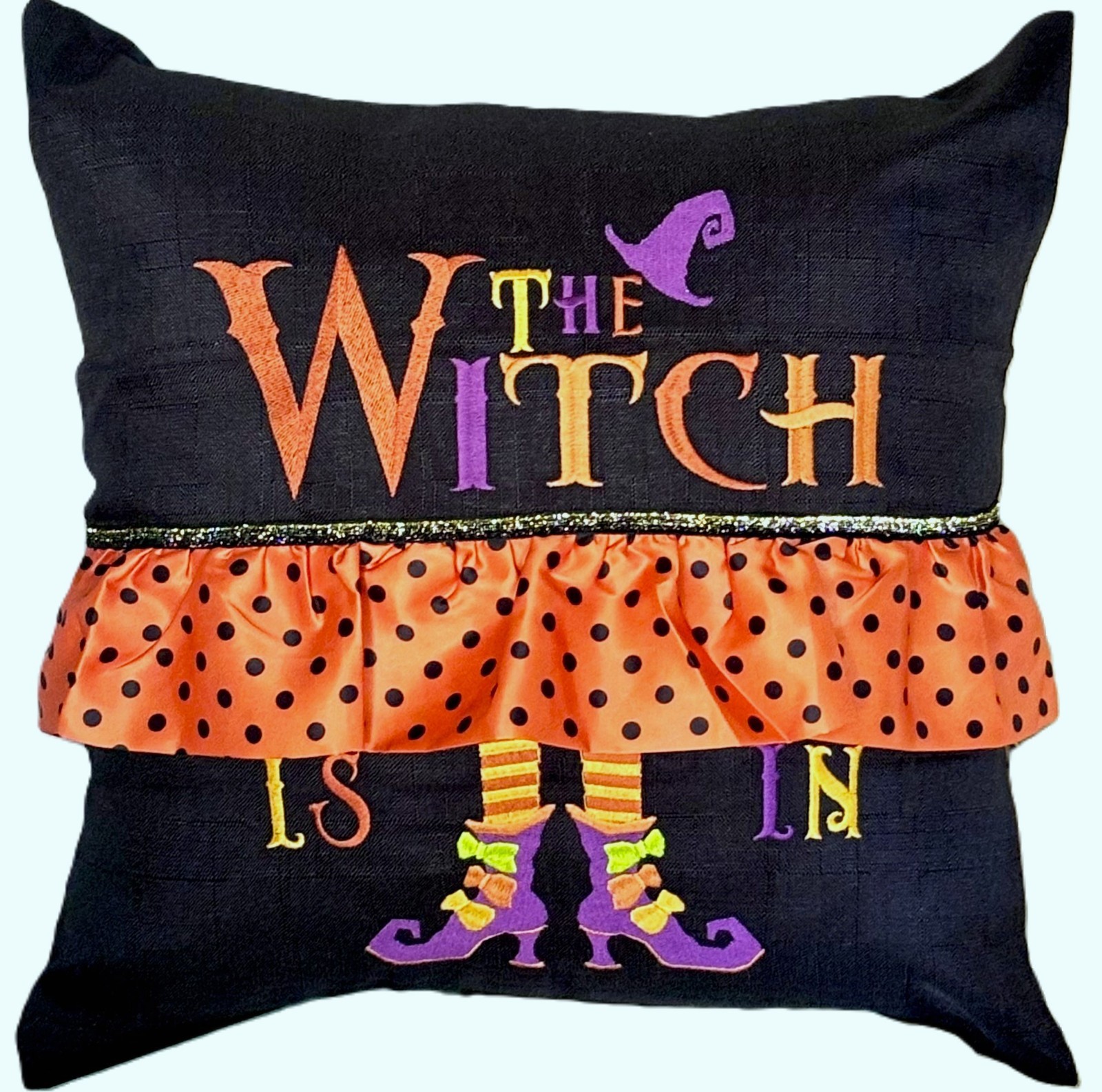 Embroidered Halloween The Witch is In Orange Polka Dot Ruffle Pillow Cover New Embroidered Halloween The Witch is In Orange Polka Dot Ruffle Pillow Cover New