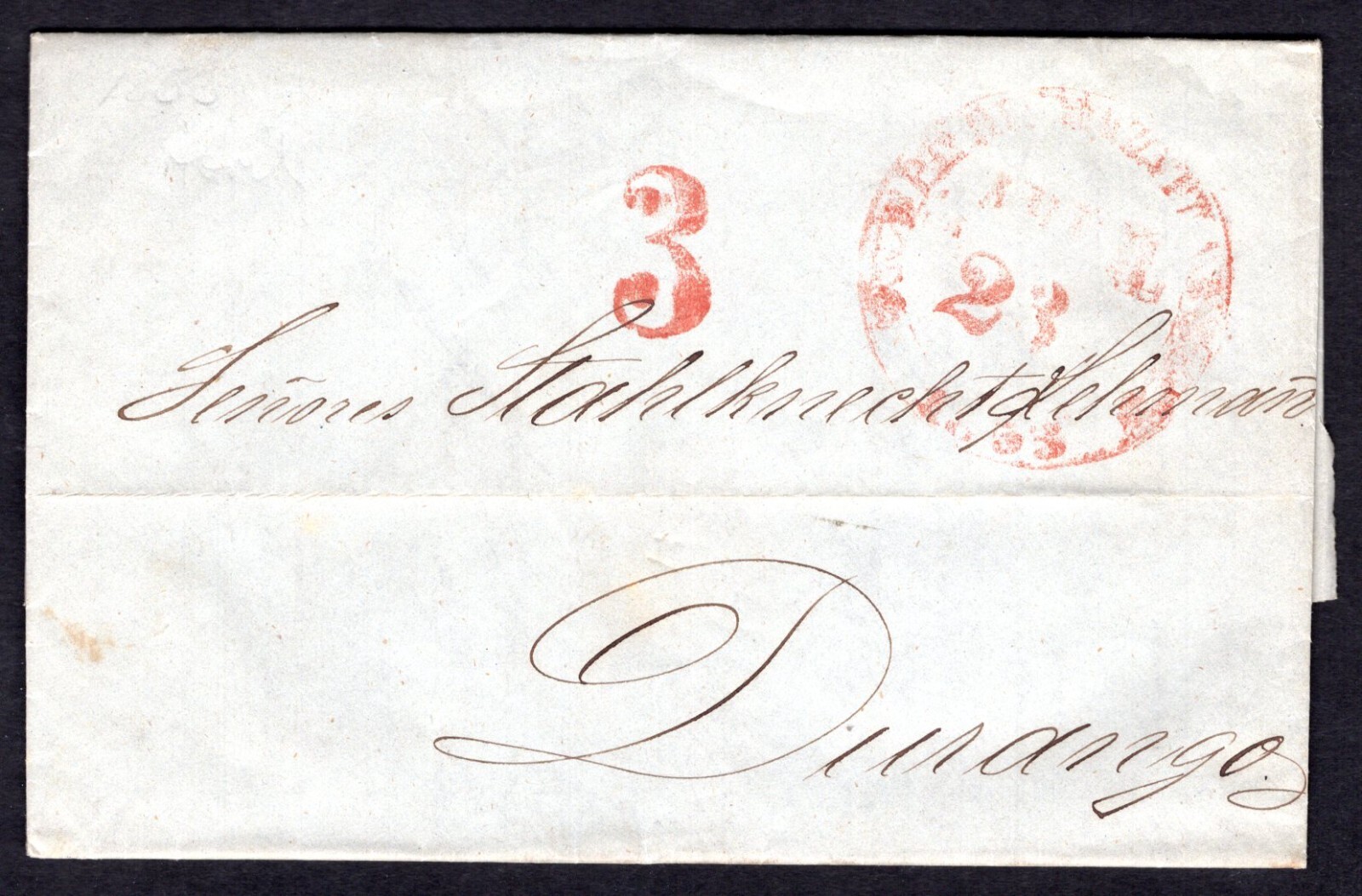 Mexico 1853 Stampless Folded Letter Paid \