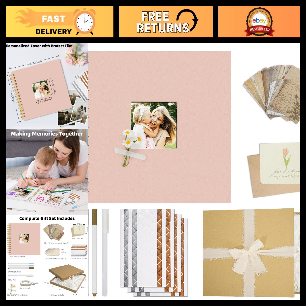 8x8 Inch Scrapbook Album Gift Set - 40 White Pages, Pink - Perfect for Memories