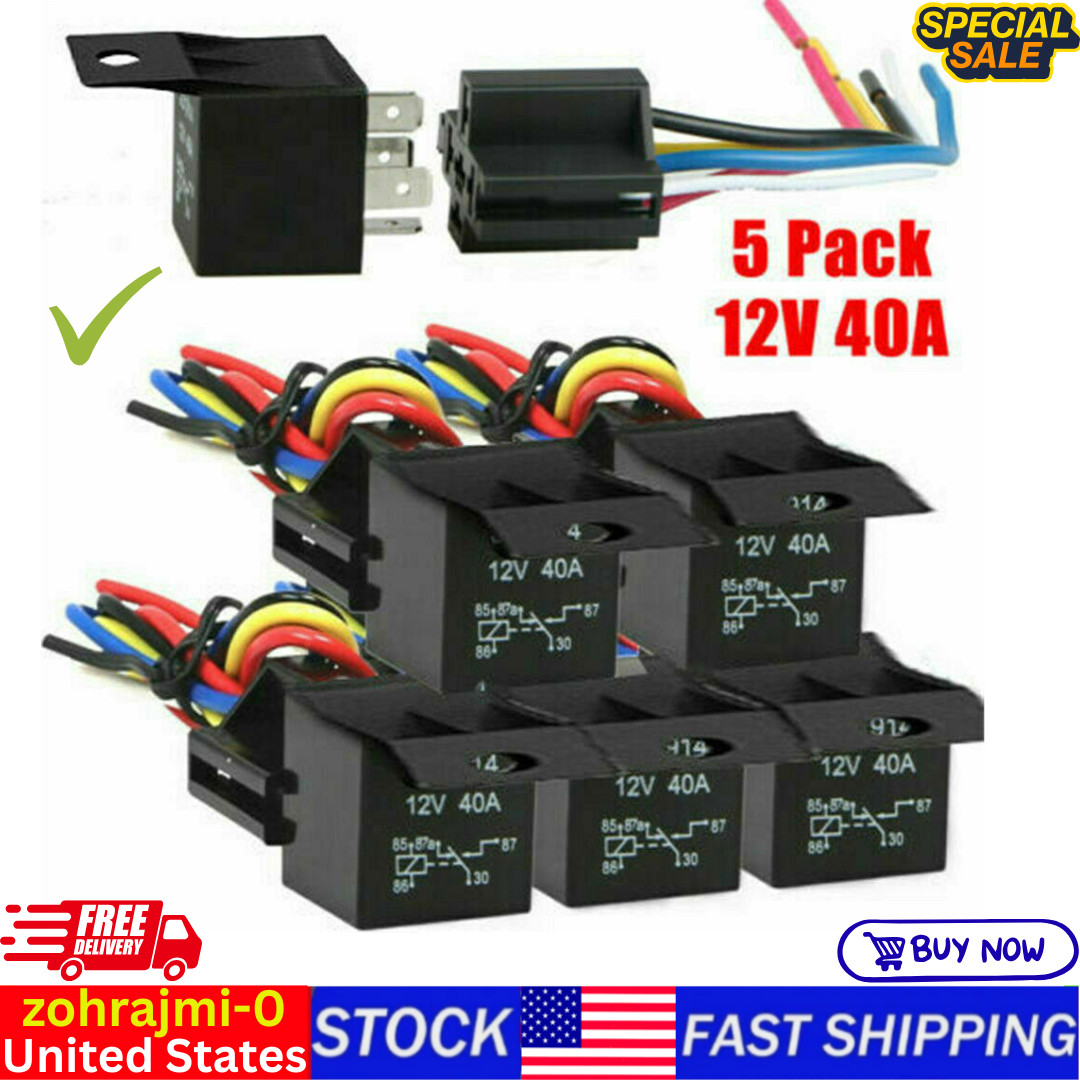 5Pcs Car 12V DC 40A 5-Pin Relay Switch Harness Socket Waterproof Automotive SPDT 5Pcs Car 12V DC 40A 5-Pin Relay Switch Harness Socket Waterproof Automotive SPDT