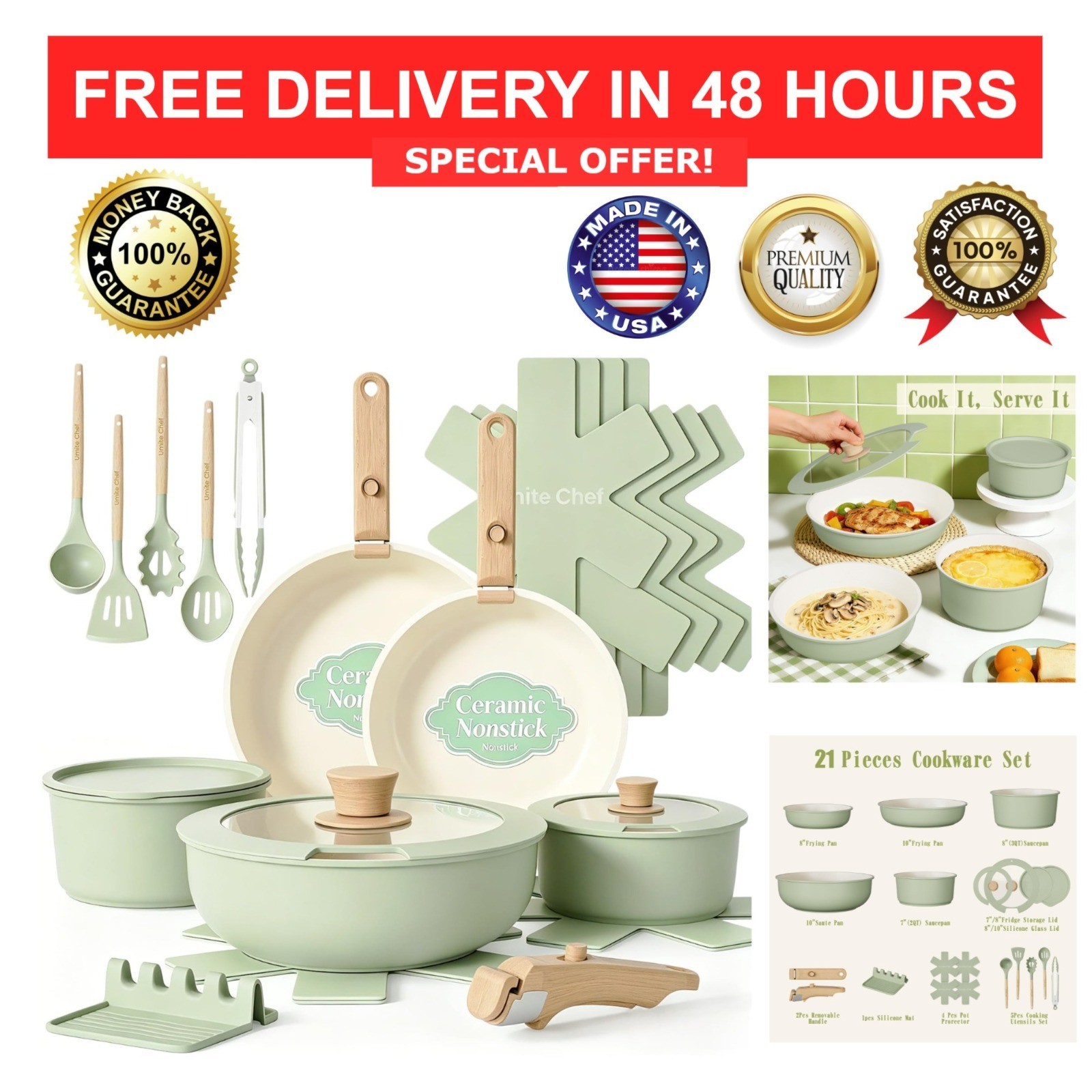 21 Pc Nonstick Cookware Set Ceramic Induction Pots Pans Detachable Handle Sage